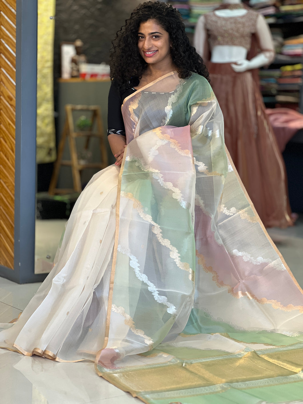 Golden Sliver & Zari Weaving Organza Saree | BHH125