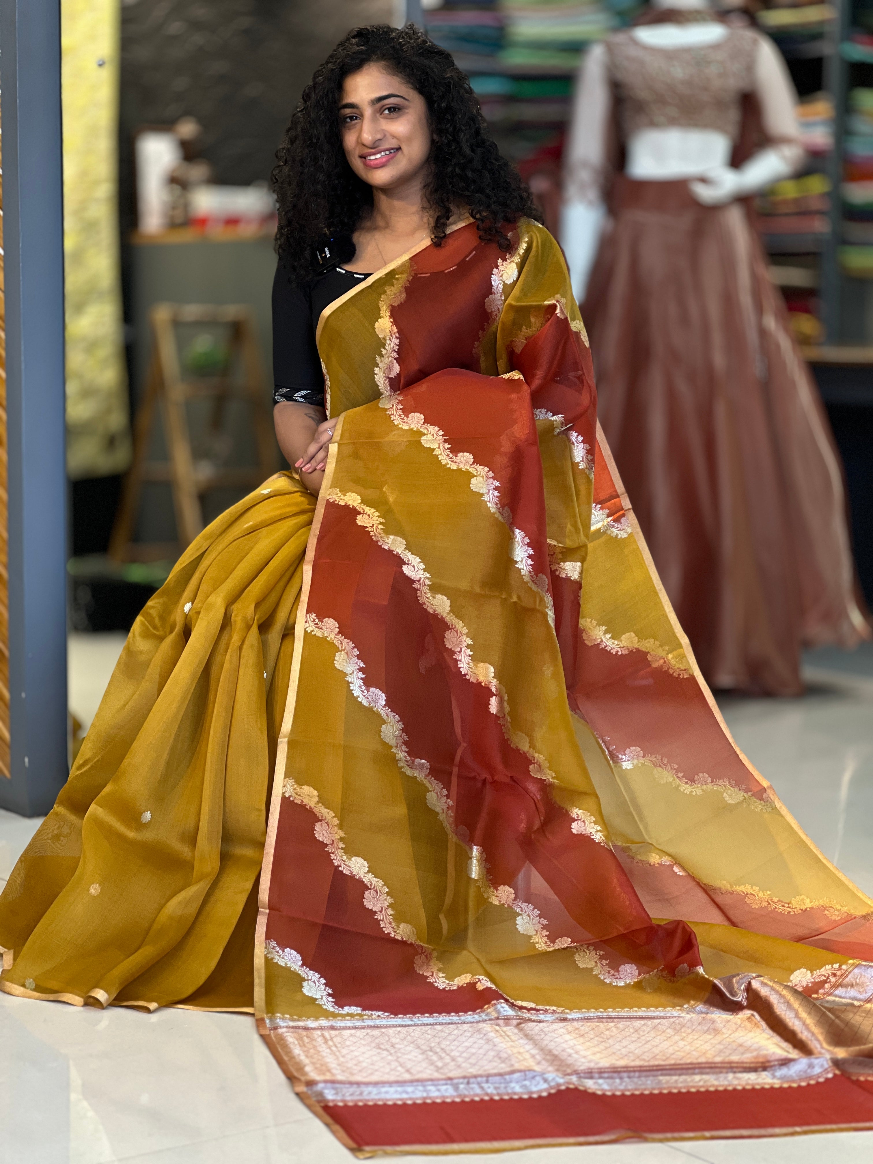 Golden Sliver & Zari Weaving Organza Saree | BHH155