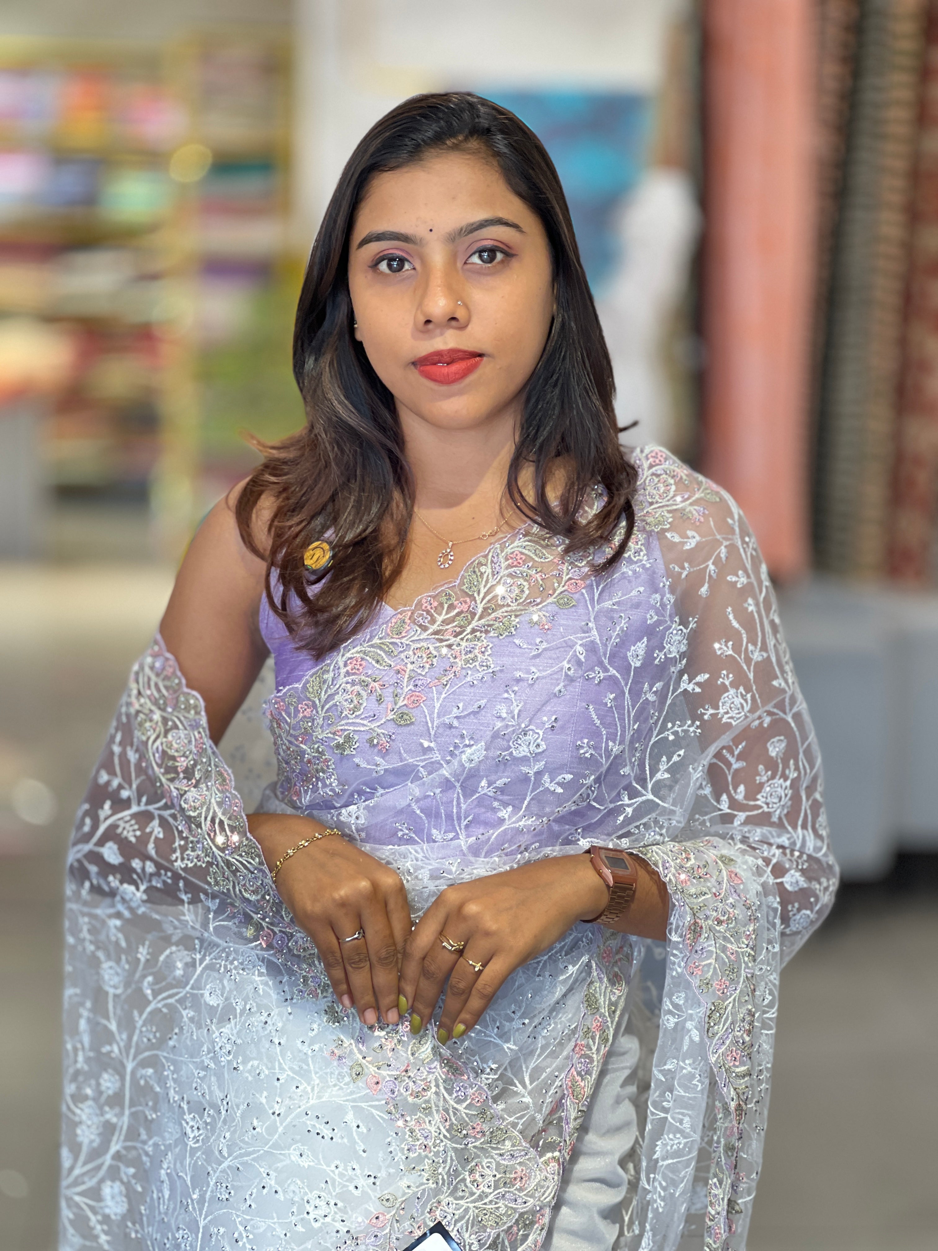 Floral Embroidery With Stone Work Detailed Net Saree | SBP938