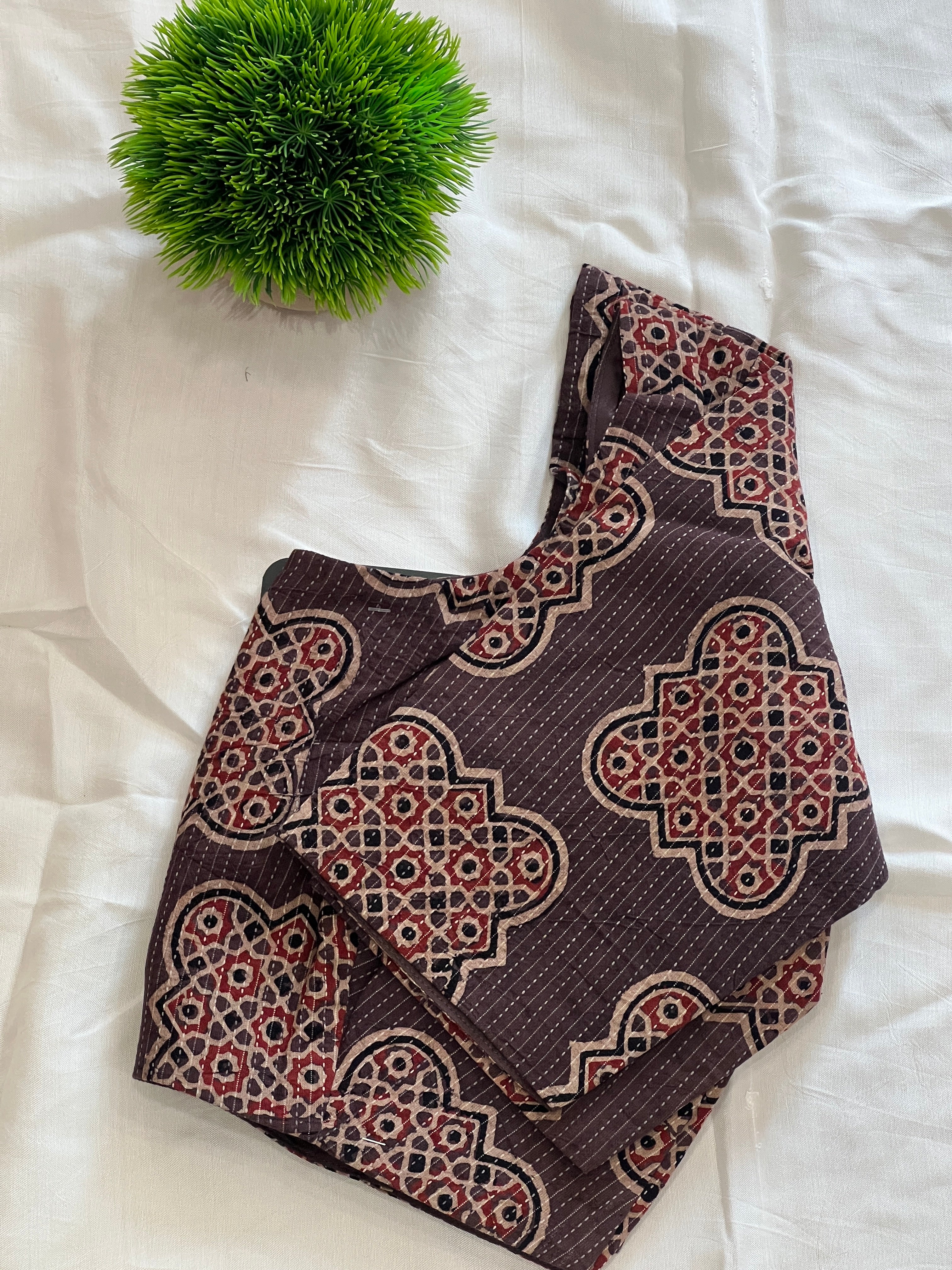Block Print With Kantha Detailed Cotton Stitched Blouse | DNB104