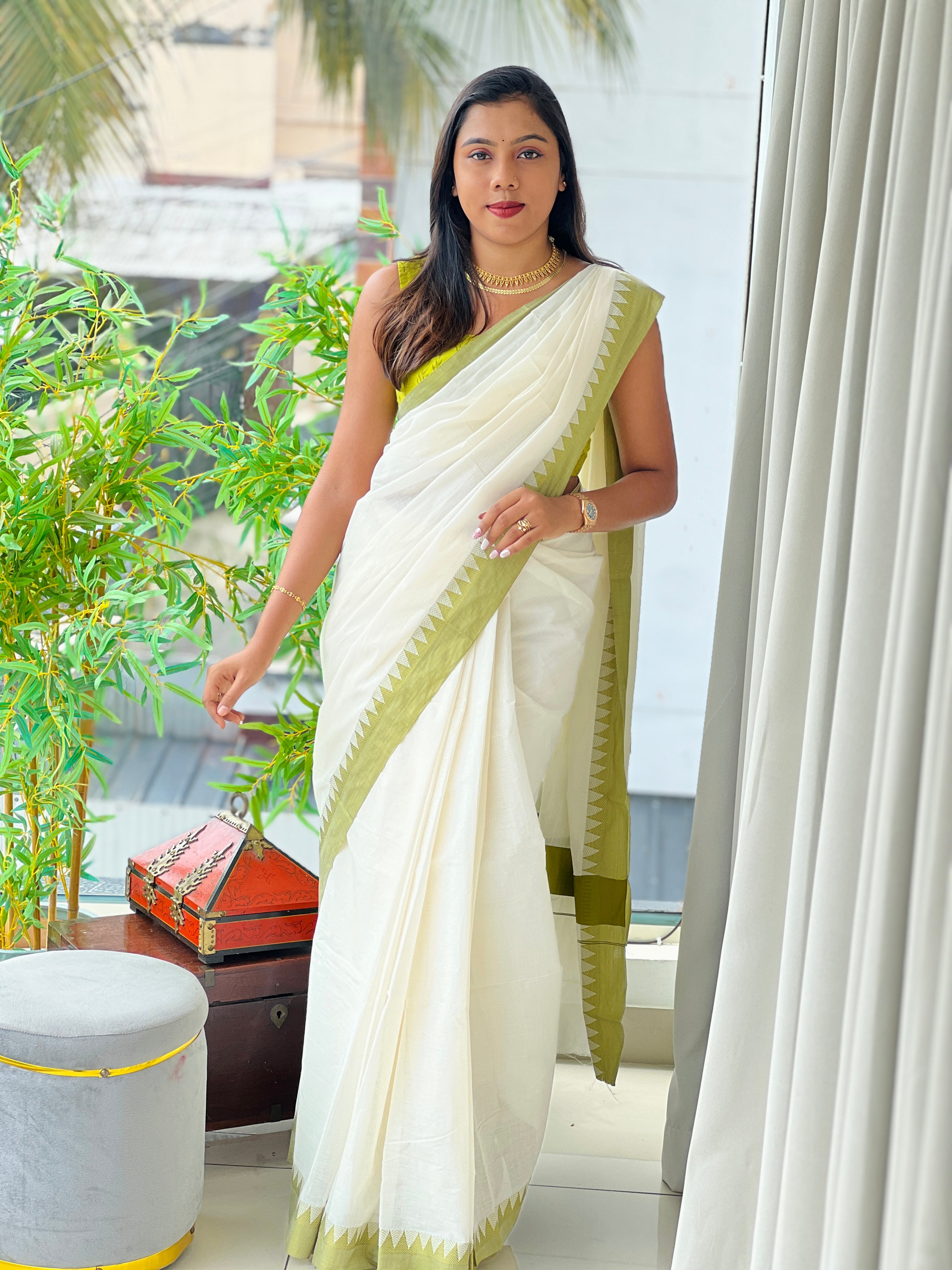 Traditional Temple Border Kerala Cotton Saree (Without Blouse)  | RLF132