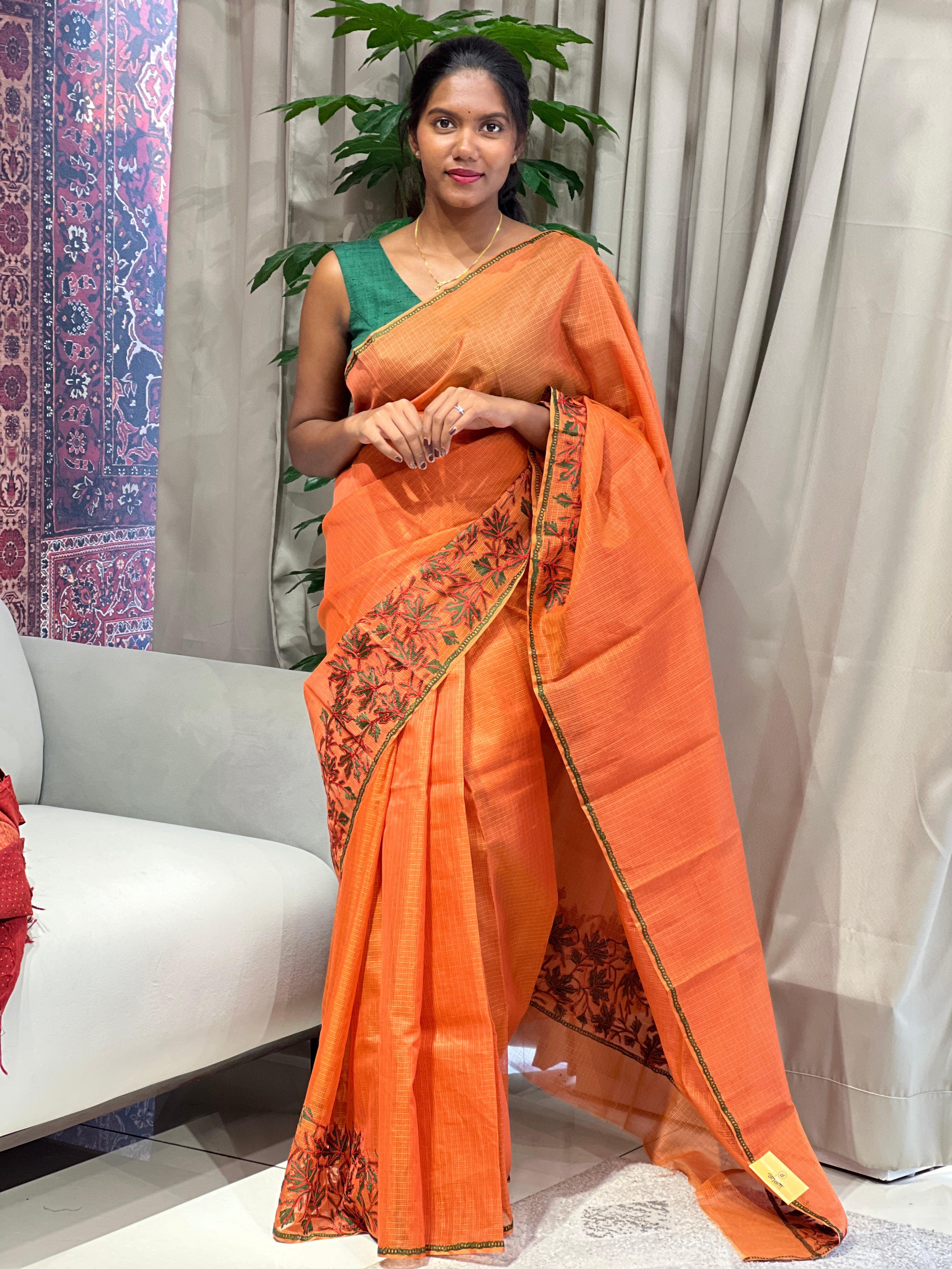 Embroidery Detailed Muga Check Organza Saree | JSC440