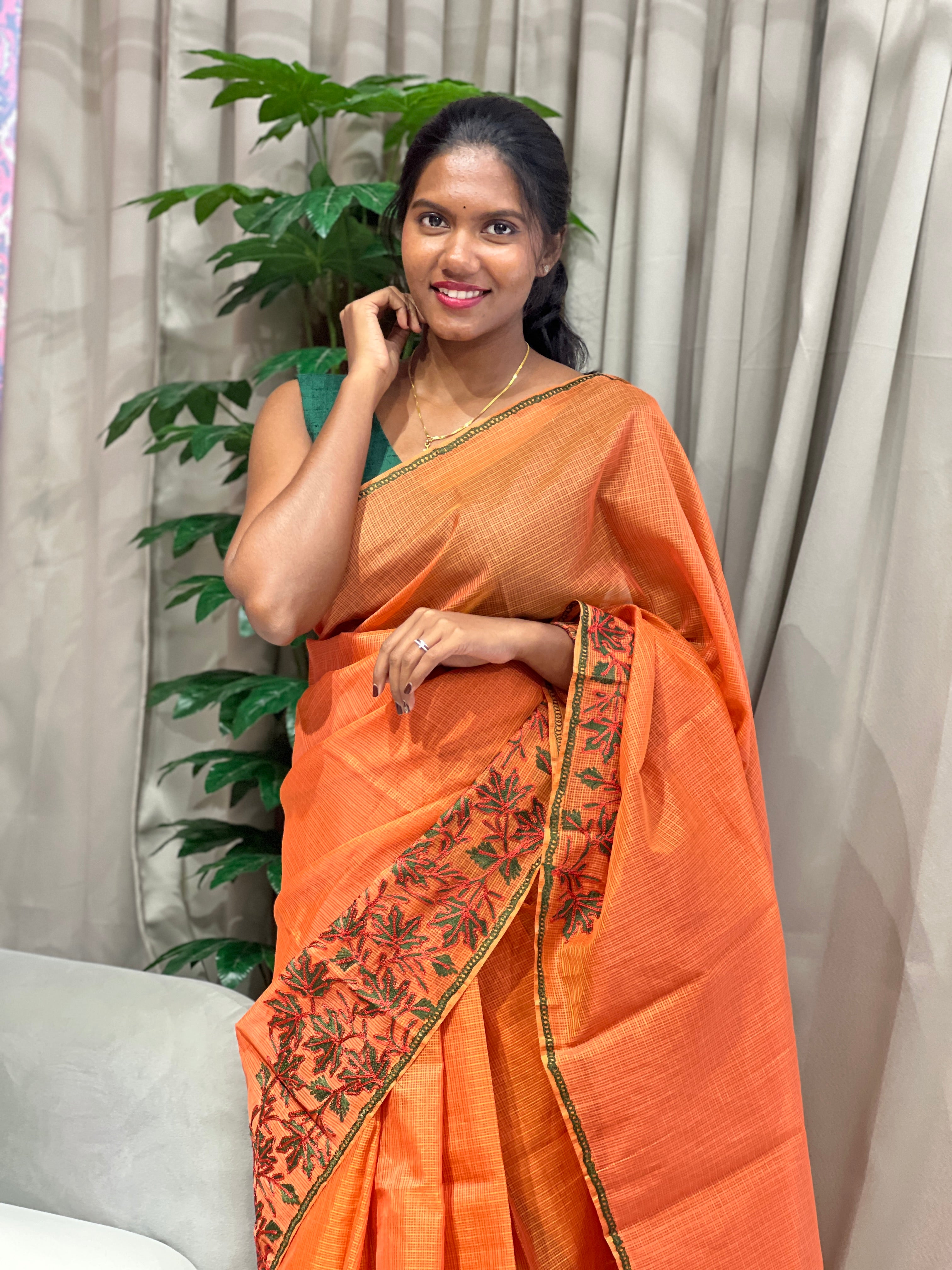 Embroidery Detailed Muga Check Organza Saree | JSC440