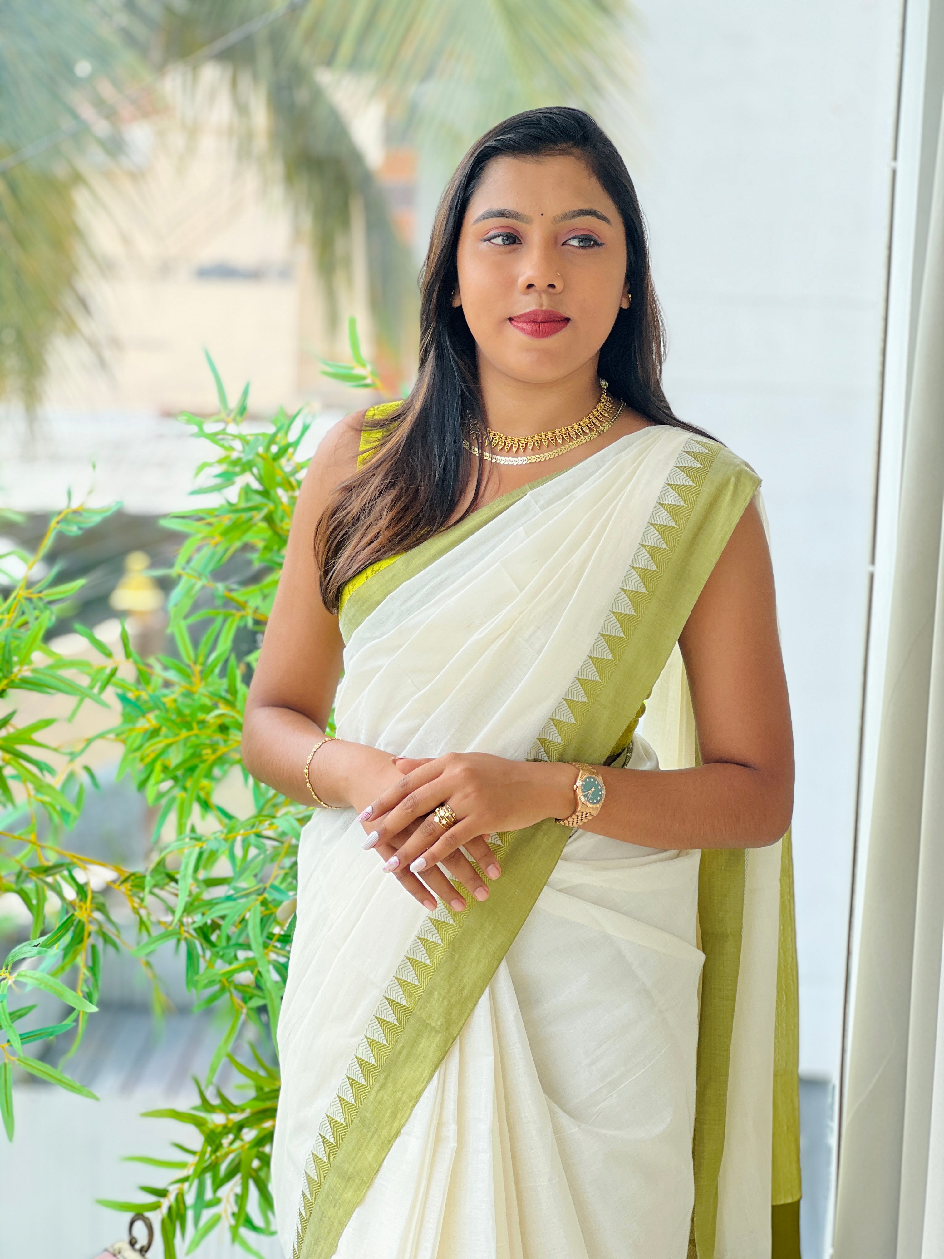 Traditional Temple Border Kerala Cotton Saree (Without Blouse)  | RLF132