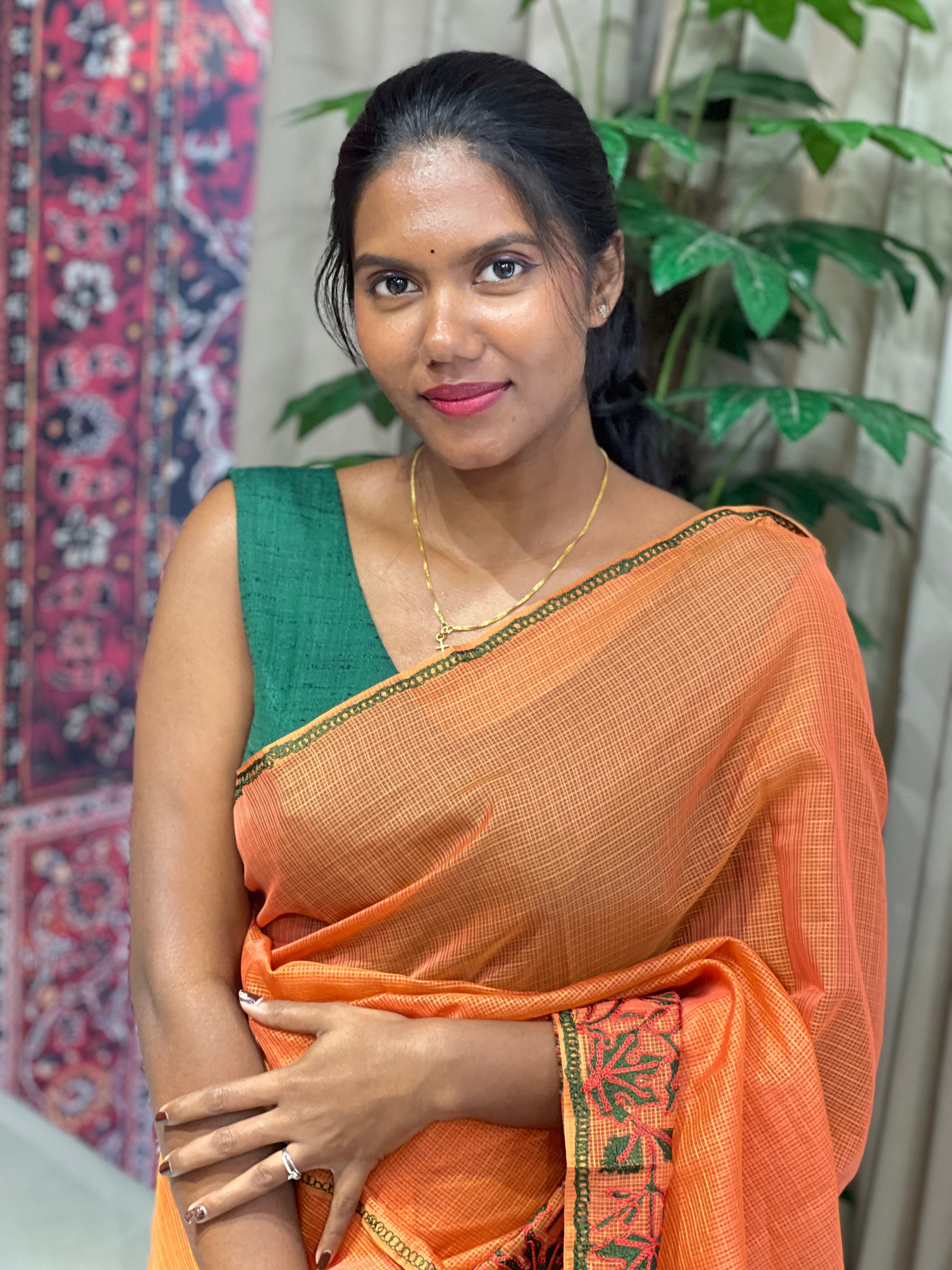 Embroidery Detailed Muga Check Organza Saree | JSC440