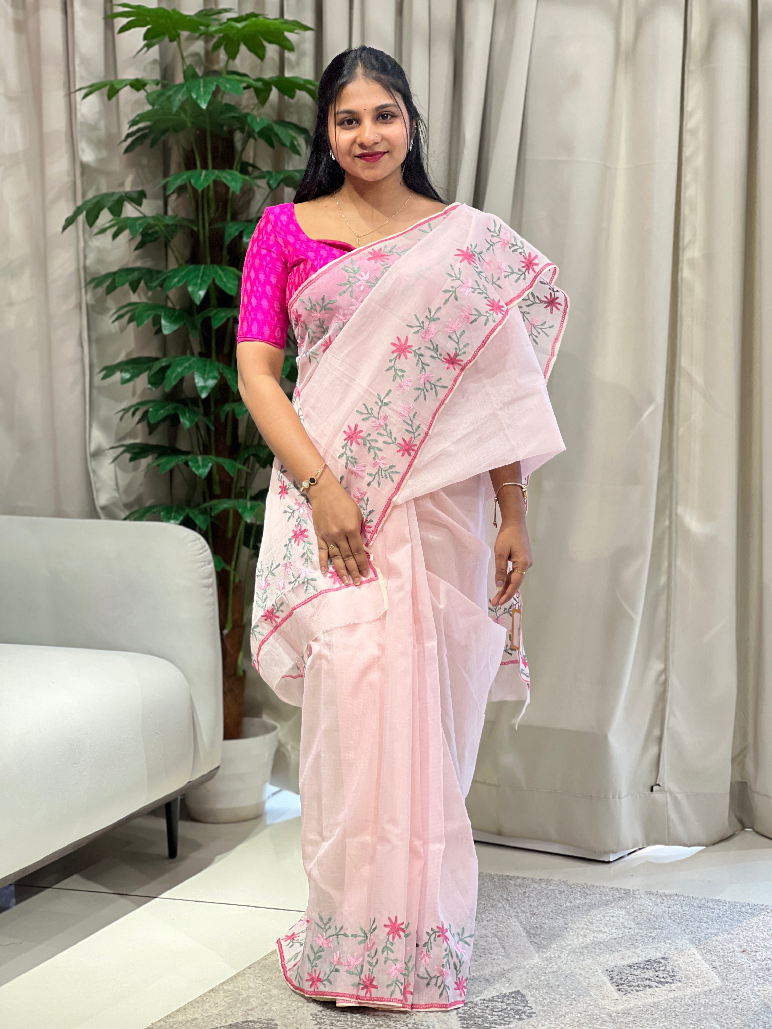 Embroidery Detailed Muga Check Organza Saree | JSC433