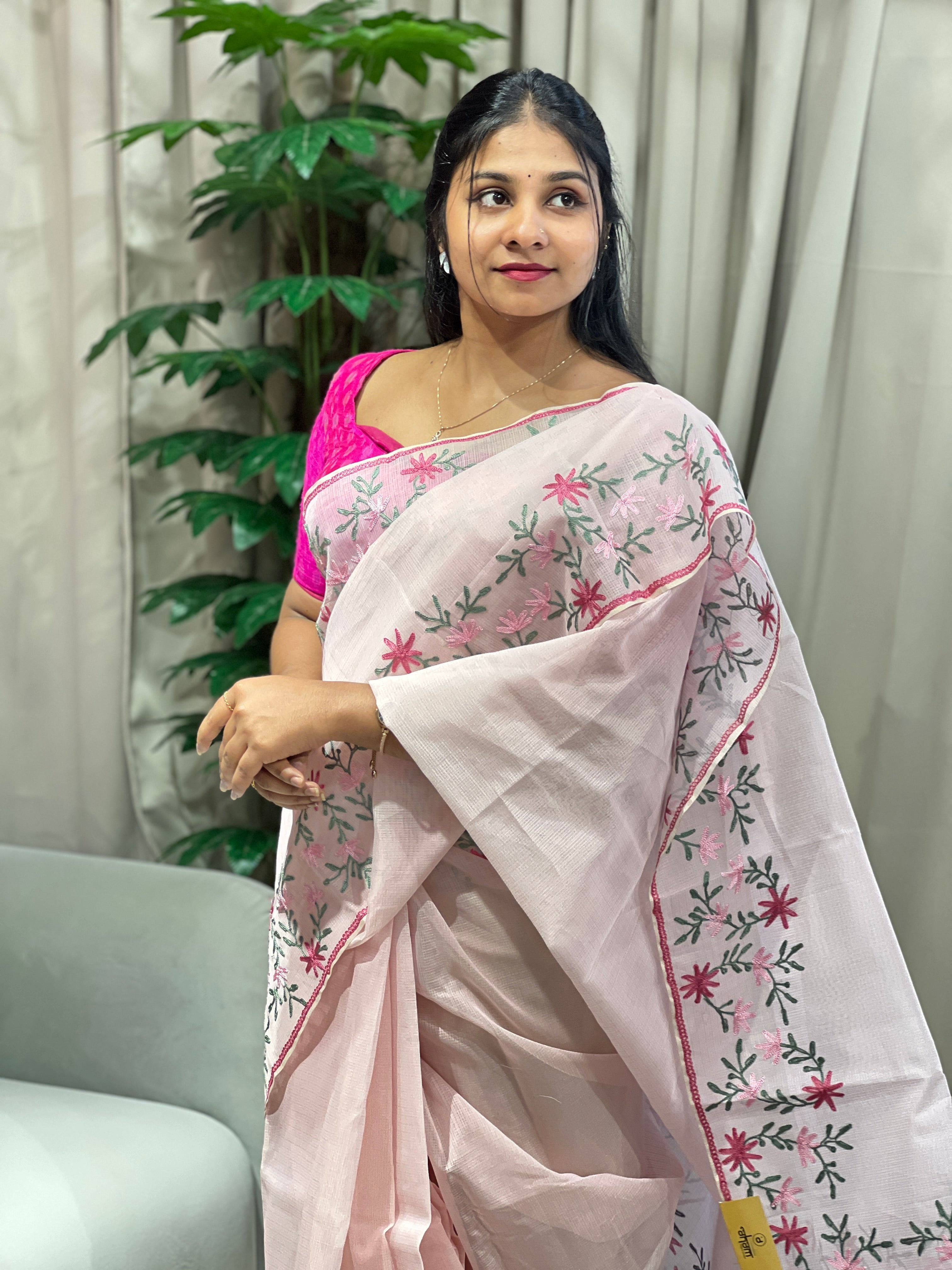 Embroidery Detailed Muga Check Organza Saree | JSC433