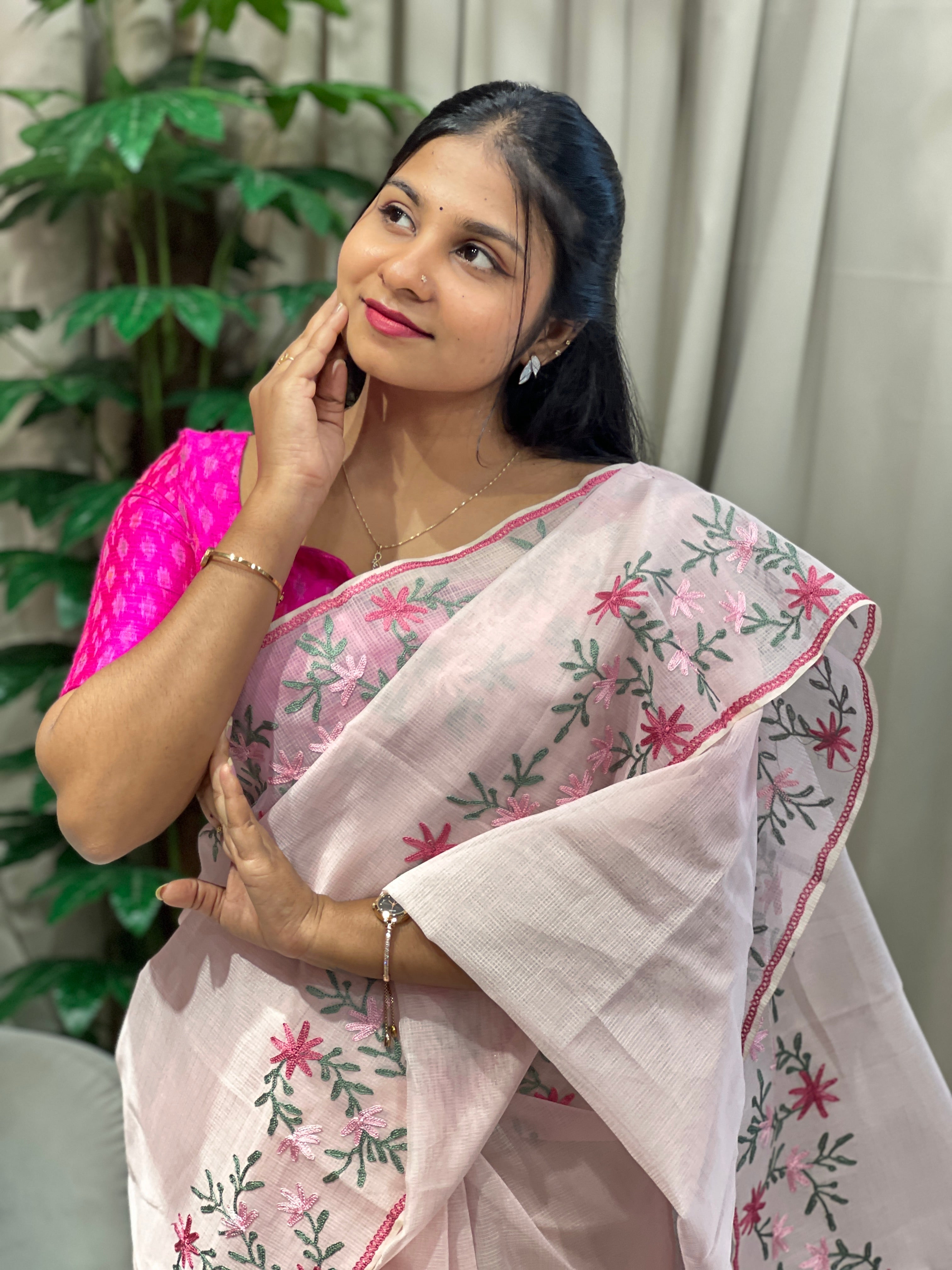 Embroidery Detailed Muga Check Organza Saree | JSC433