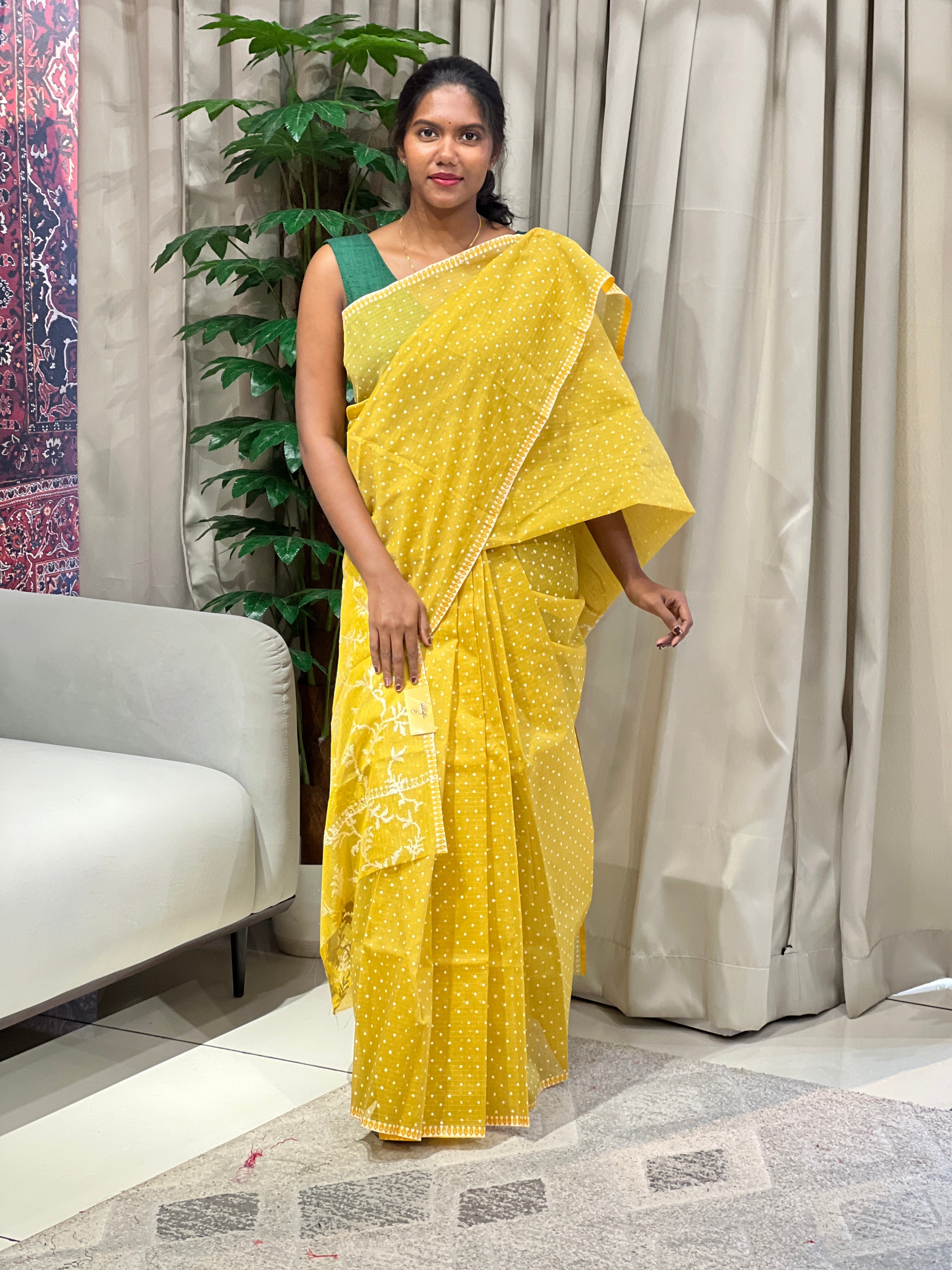 Block Print & Cross Stitch Embroidered Muga Check Organza Saree | JSC485