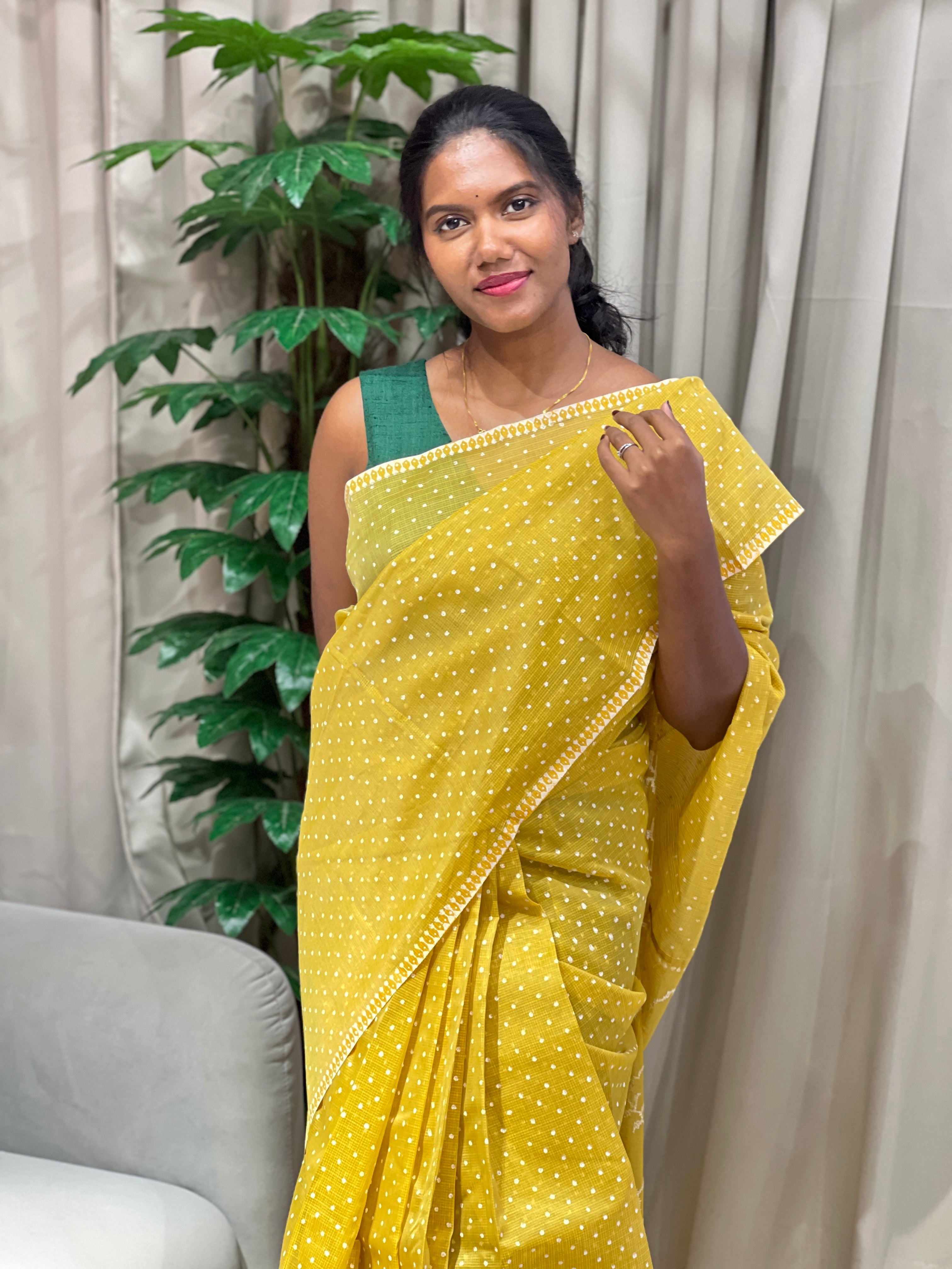Block Print & Cross Stitch Embroidered Muga Check Organza Saree | JSC485