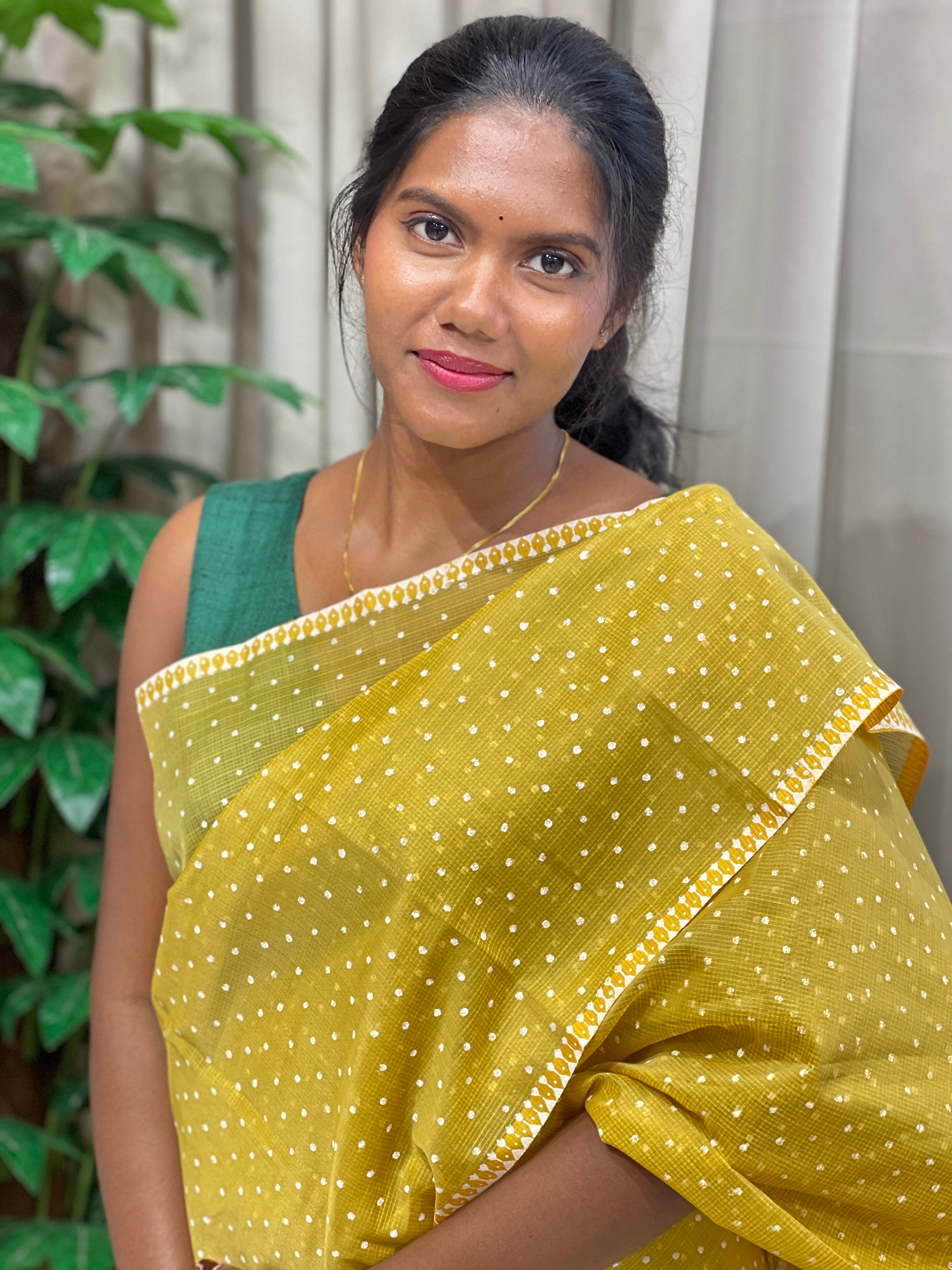 Block Print & Cross Stitch Embroidered Muga Check Organza Saree | JSC485