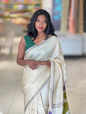 Floral & Leaf Applique Detailed Tussar Tissue Saree | DN780