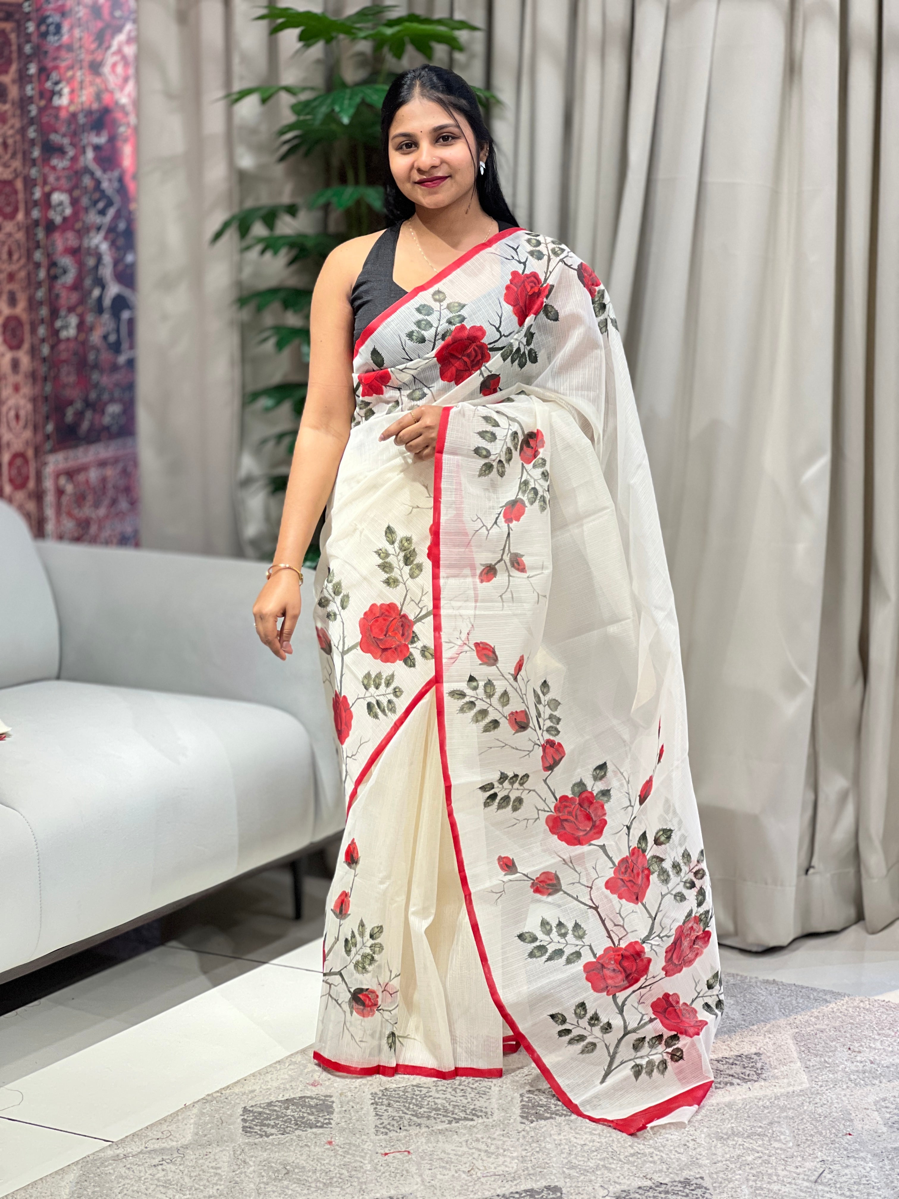 Floral Hand Painted Muga Check Organza Saree | JSC460