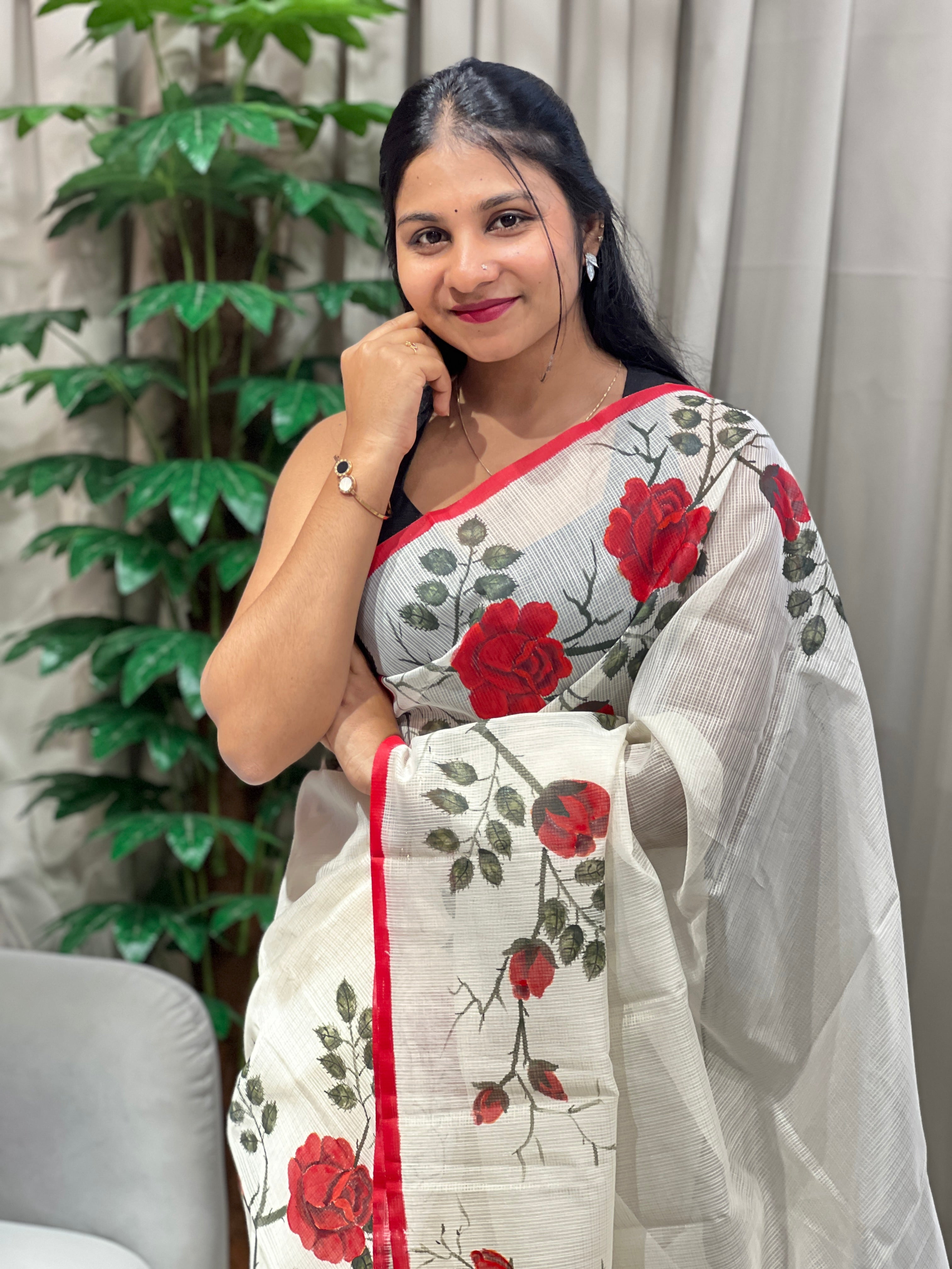 Floral Hand Painted Muga Check Organza Saree | JSC460