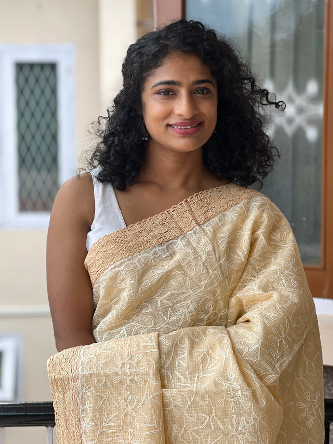 Peach Colour Embroidered Tepchi Check Kota Saree | SR329