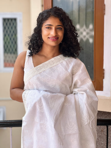 White Colour Embroidered Tepchi Check Kota Saree | SR339