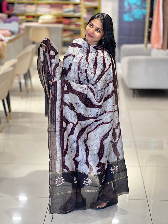 Kantha With Sequins Detailed Pure Chanderi Dupatta | HE241