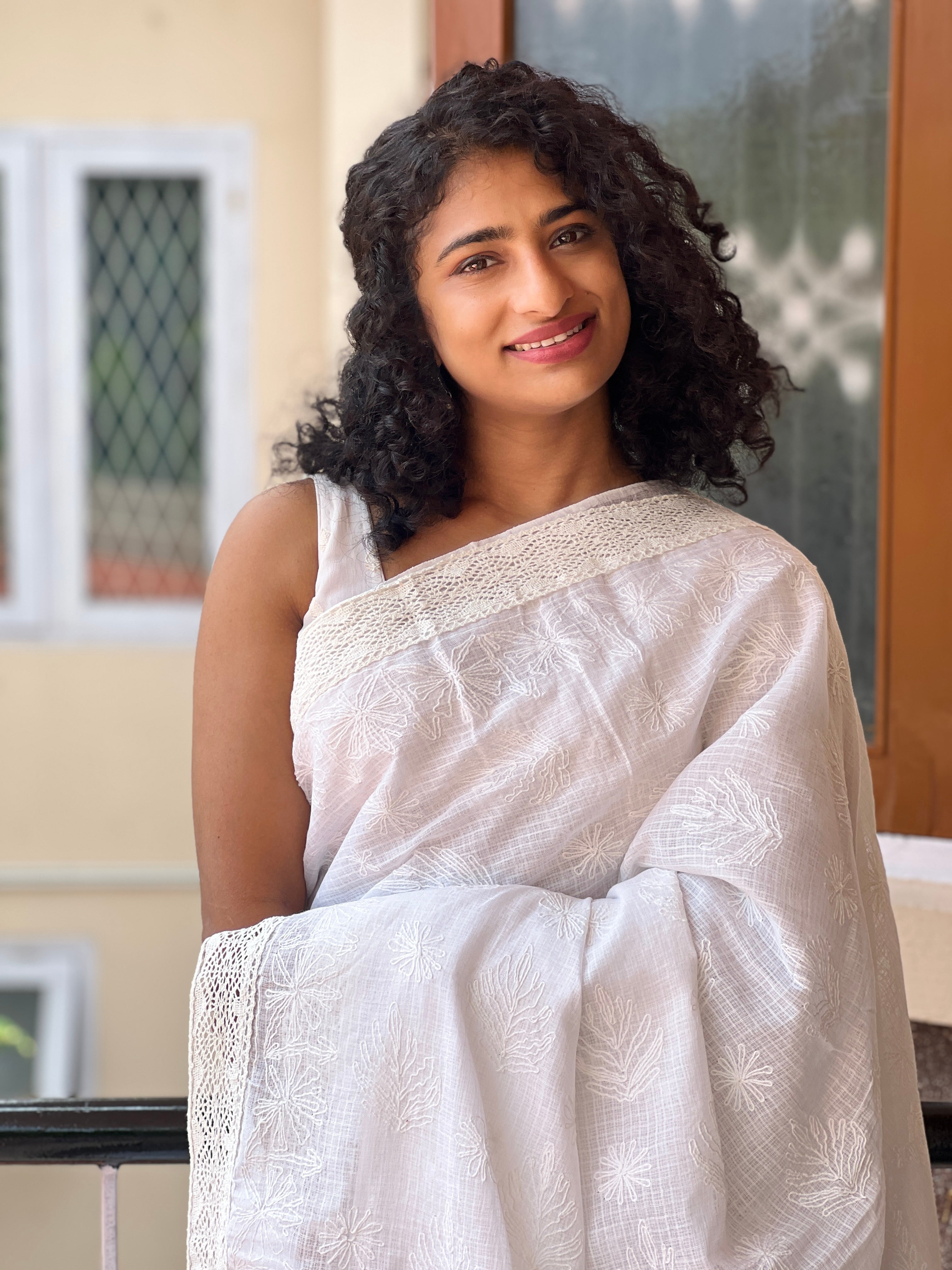 White Colour Embroidered Tepchi Check Kota Saree | SR347