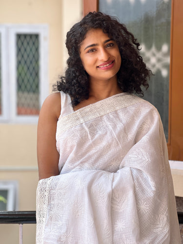 White Colour Embroidered Tepchi Check Kota Saree | SR347
