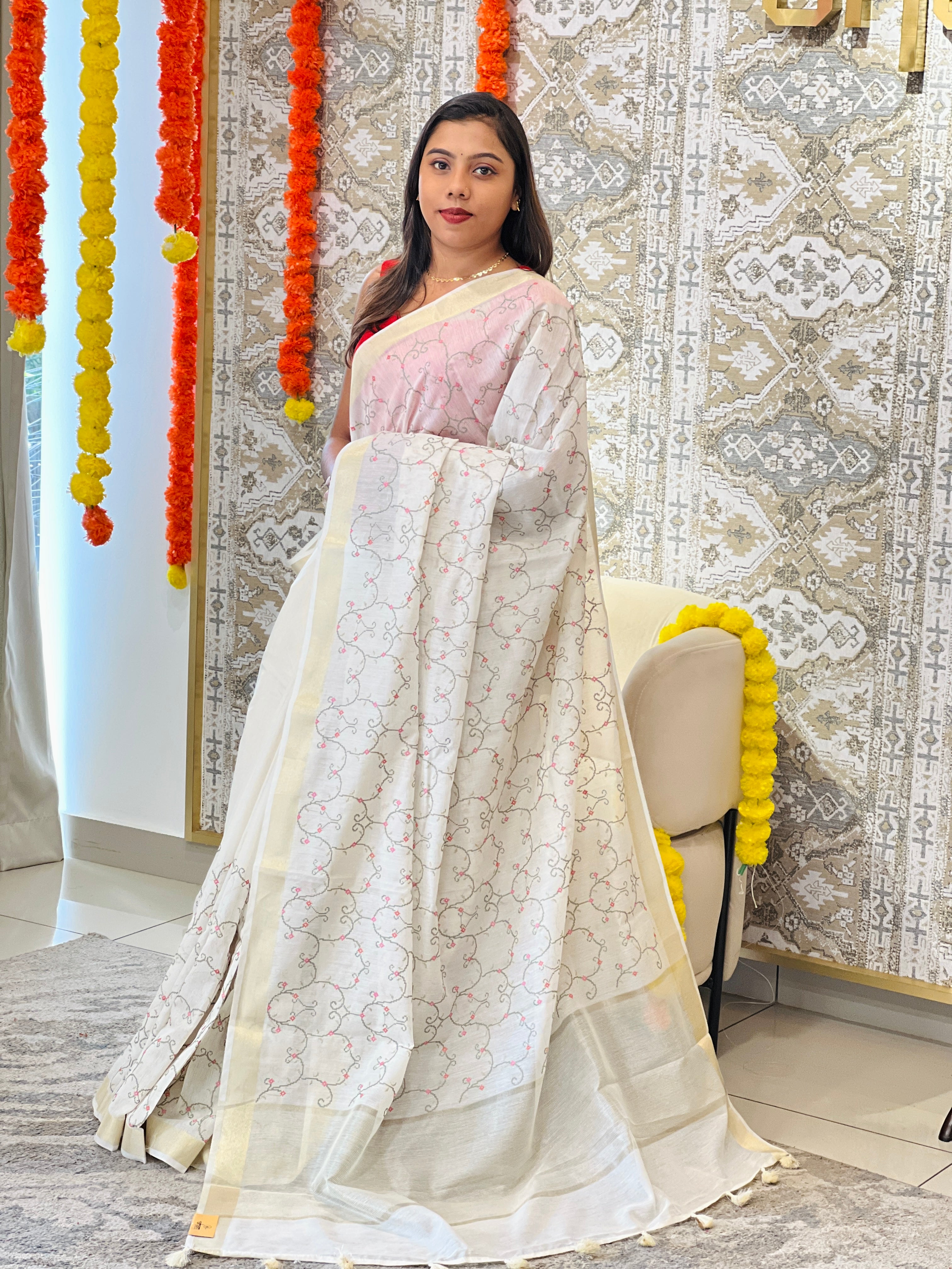 Cross Stitch jaal Embroidered Silk Chanderi Saree | MR514