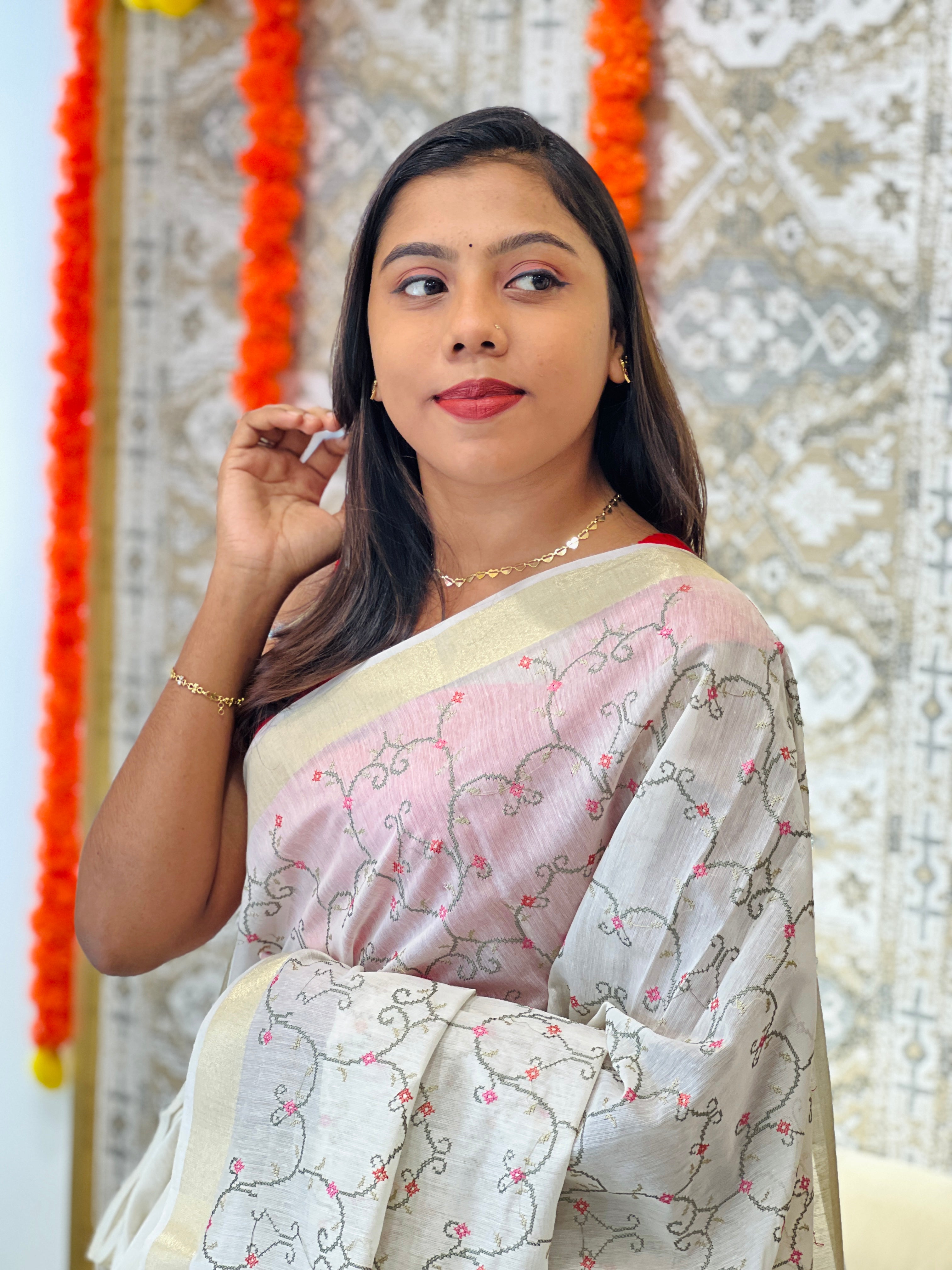 Floral Embroidered Silk Chanderi Saree | MR508