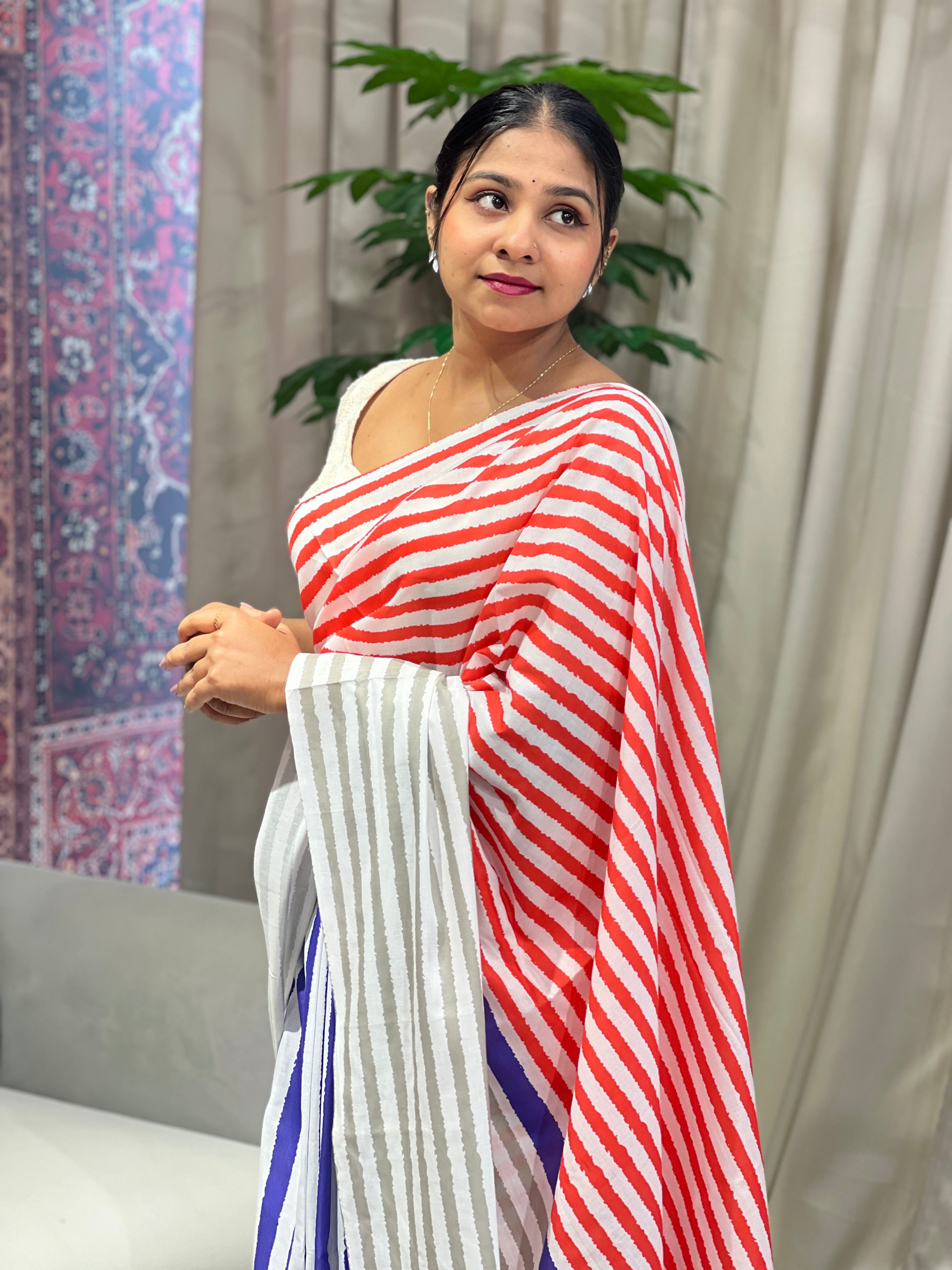 Multi Colour Stripes Pattern Cotton Saree | HT291