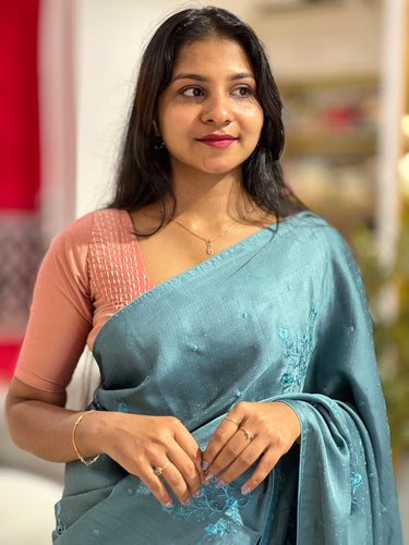 Semi Tussar Saree With Floral Embroidery Detailing | ACT1284