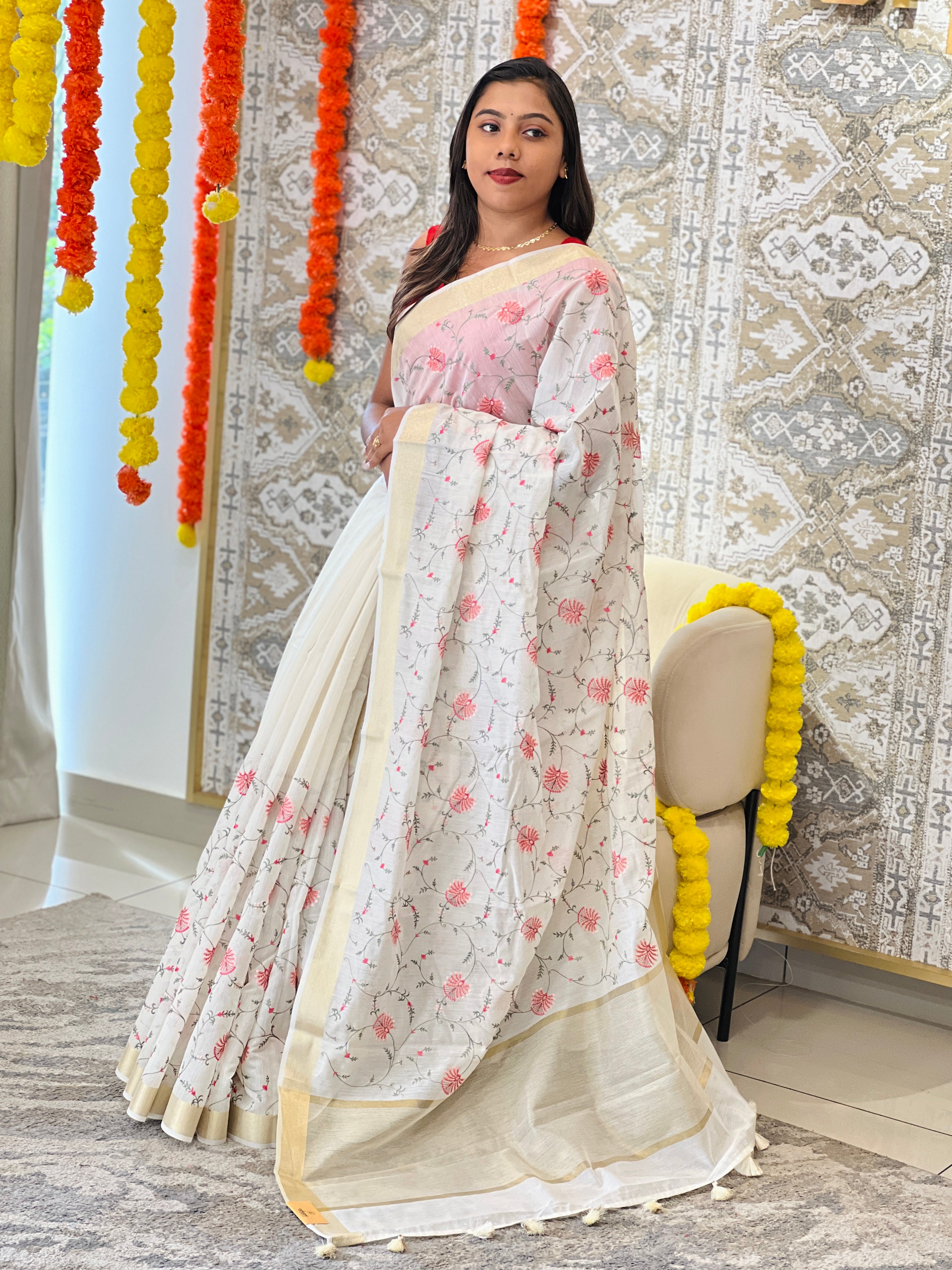 Floral Embroidered Silk Chanderi Saree | MR510
