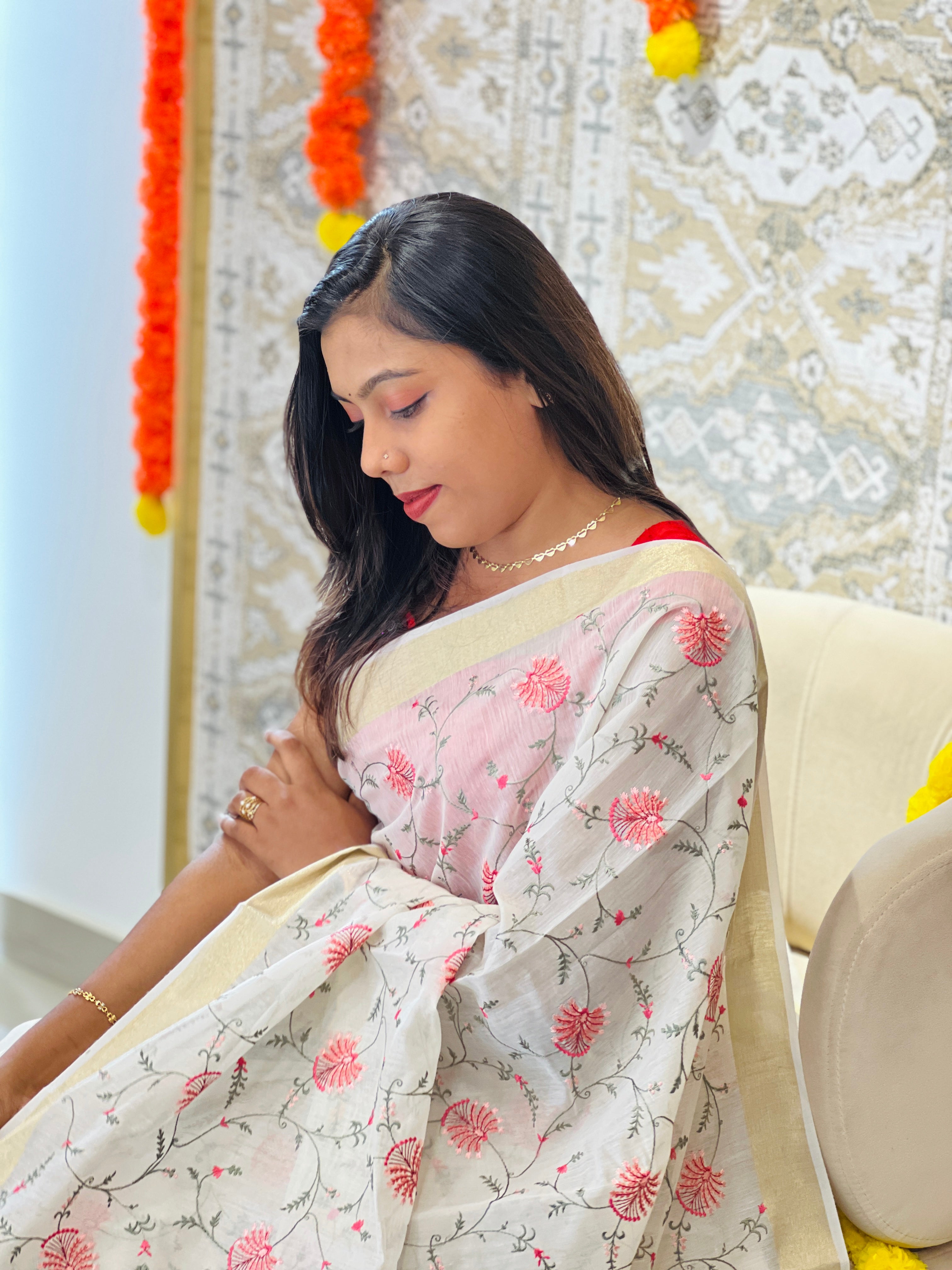 Floral Embroidered Silk Chanderi Saree | MR510