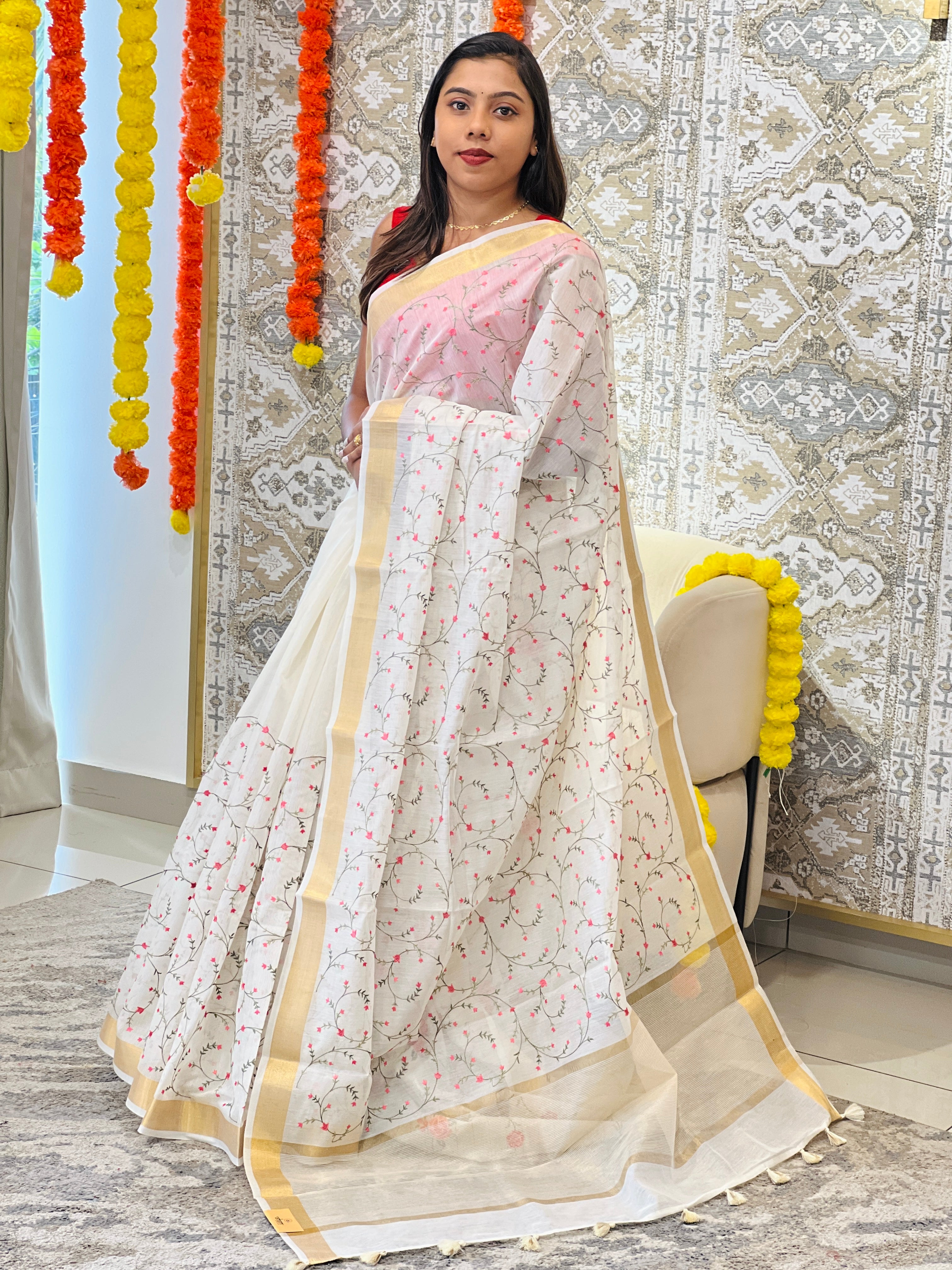 Floral Embroidered Silk Chanderi Saree | MR509