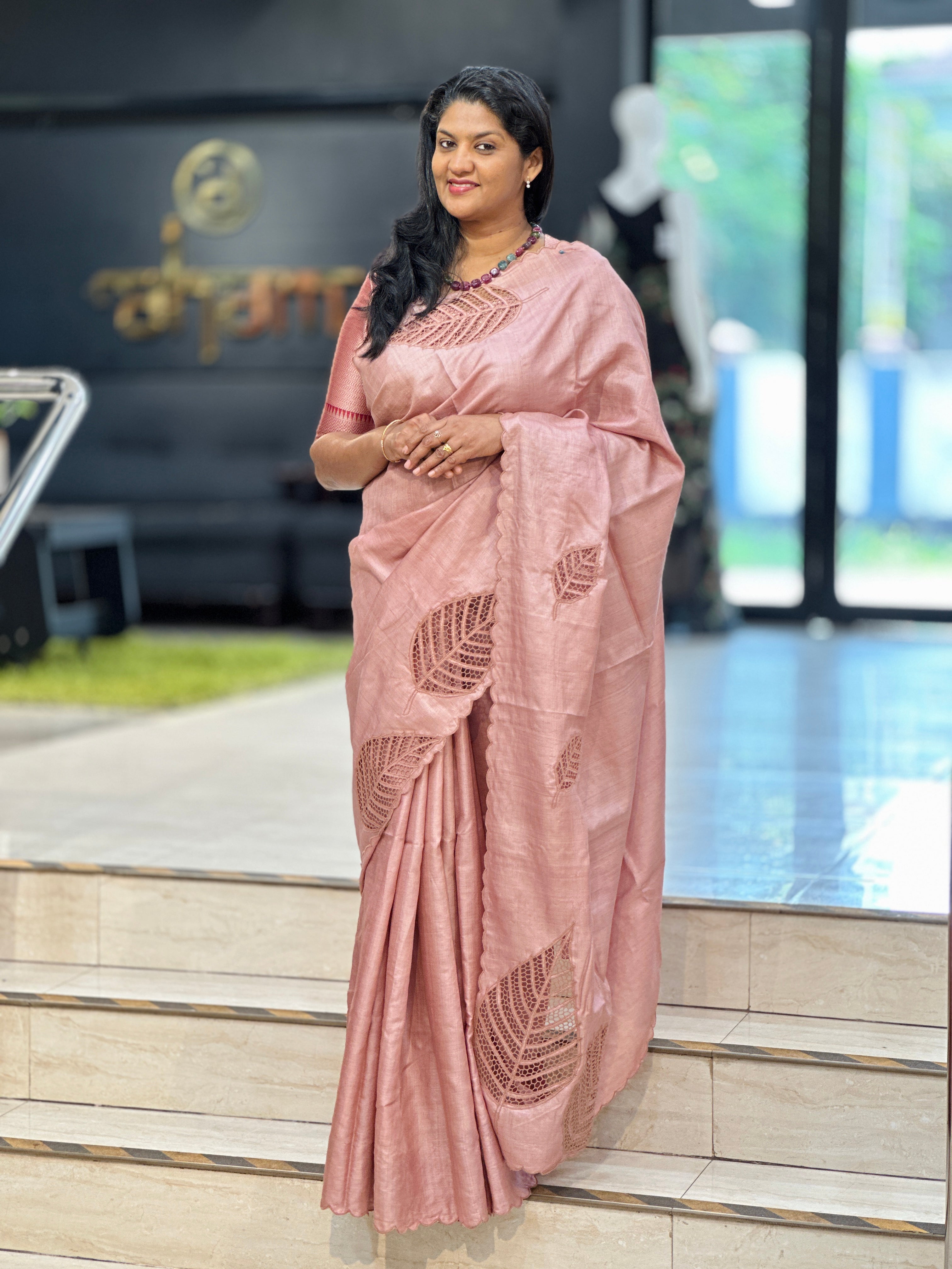 Leaf Patterned Desi Tussar Twine Cut Work Saree | TC492