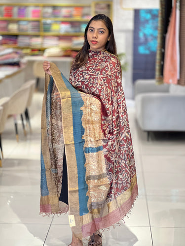 Kalamkari With Embroidery Detailed Jute Weaved Dupatta | HE249