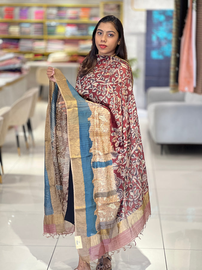 Kalamkari With Embroidery Detailed Jute Weaved Dupatta | HE249