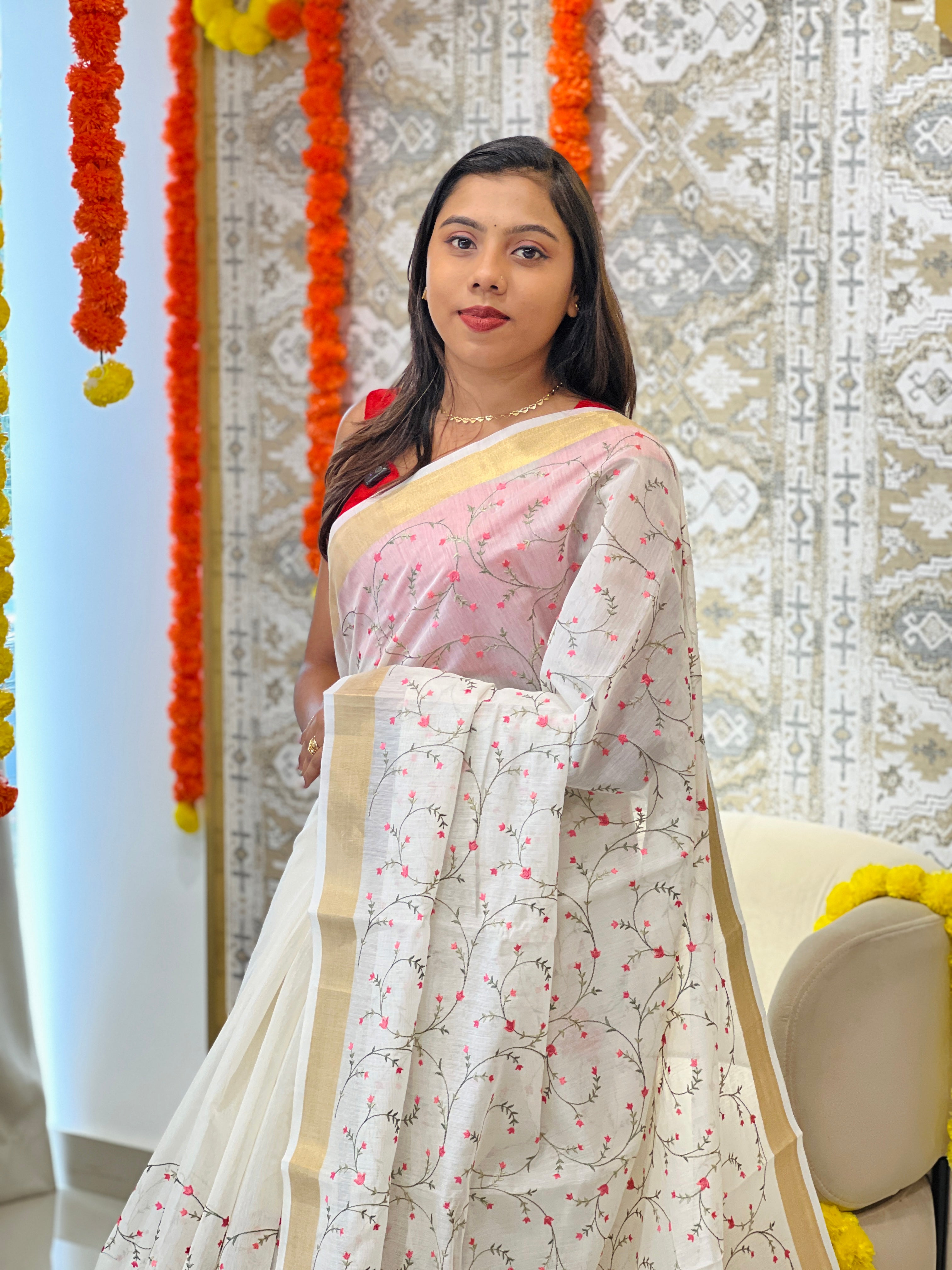 Floral Embroidered Silk Chanderi Saree | MR509