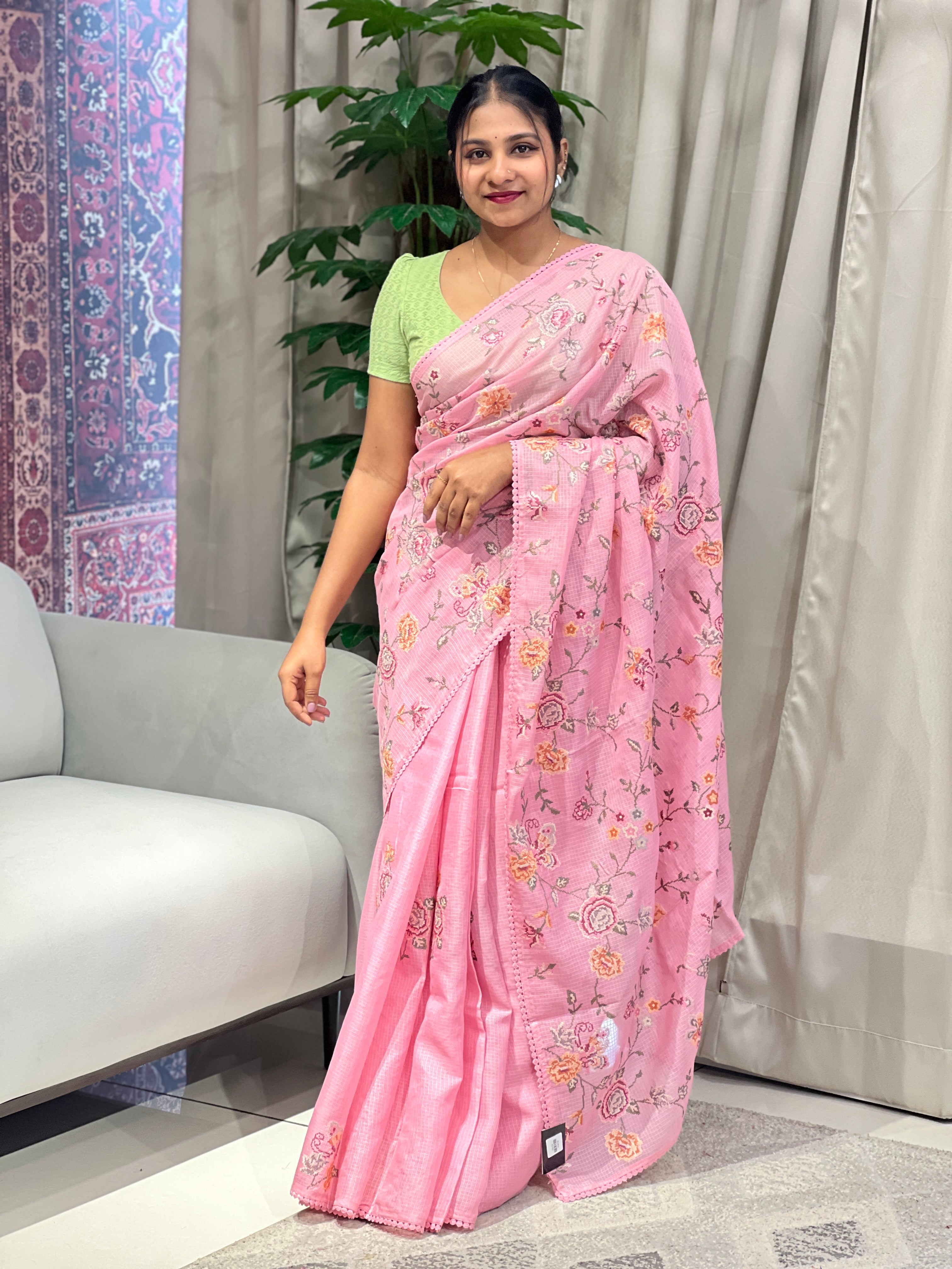 Multicolour Floral Machine Embroidery Detailed Silky Kota Saree | BLD1952