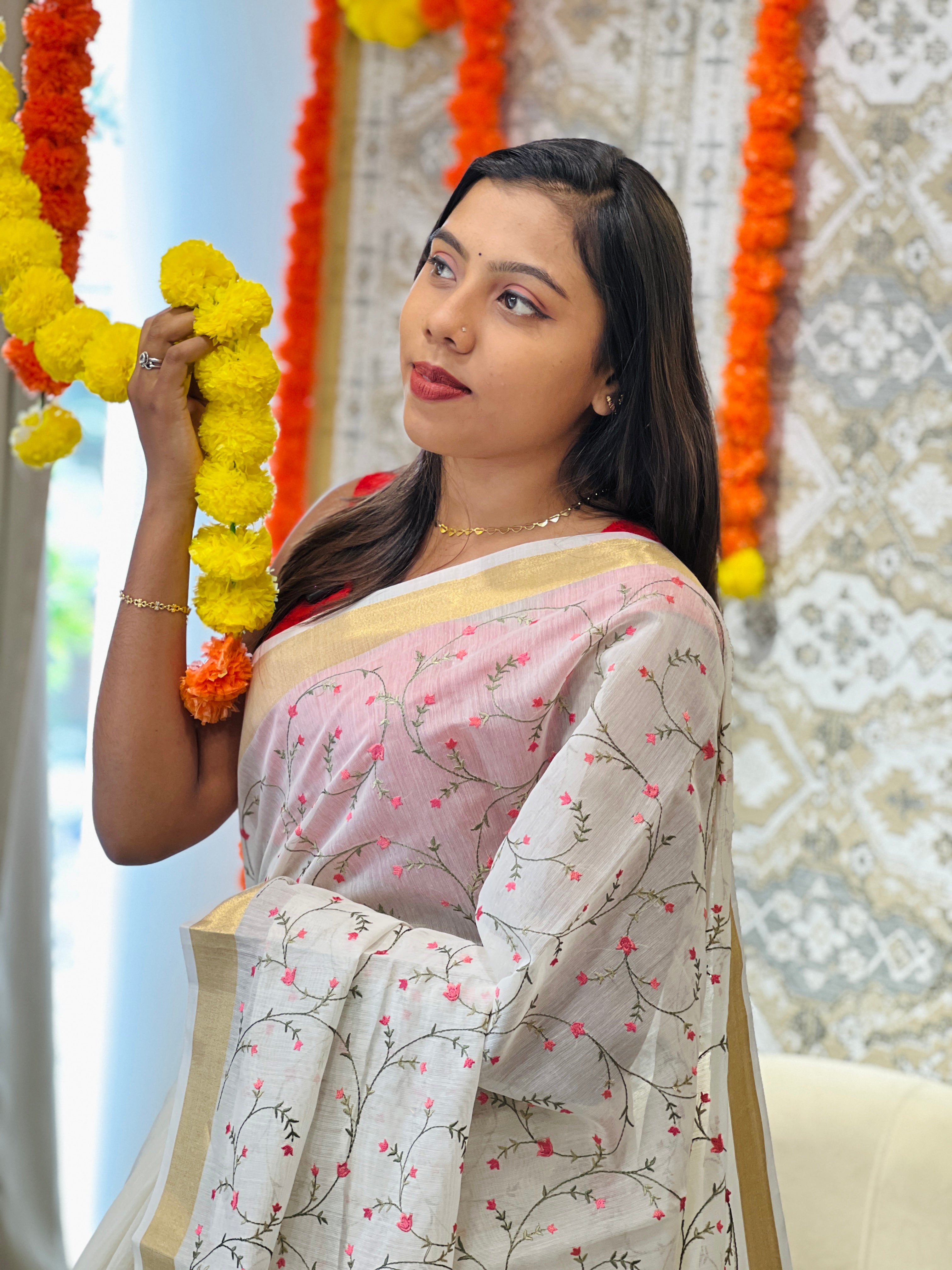 Floral Embroidered Silk Chanderi Saree | MR509
