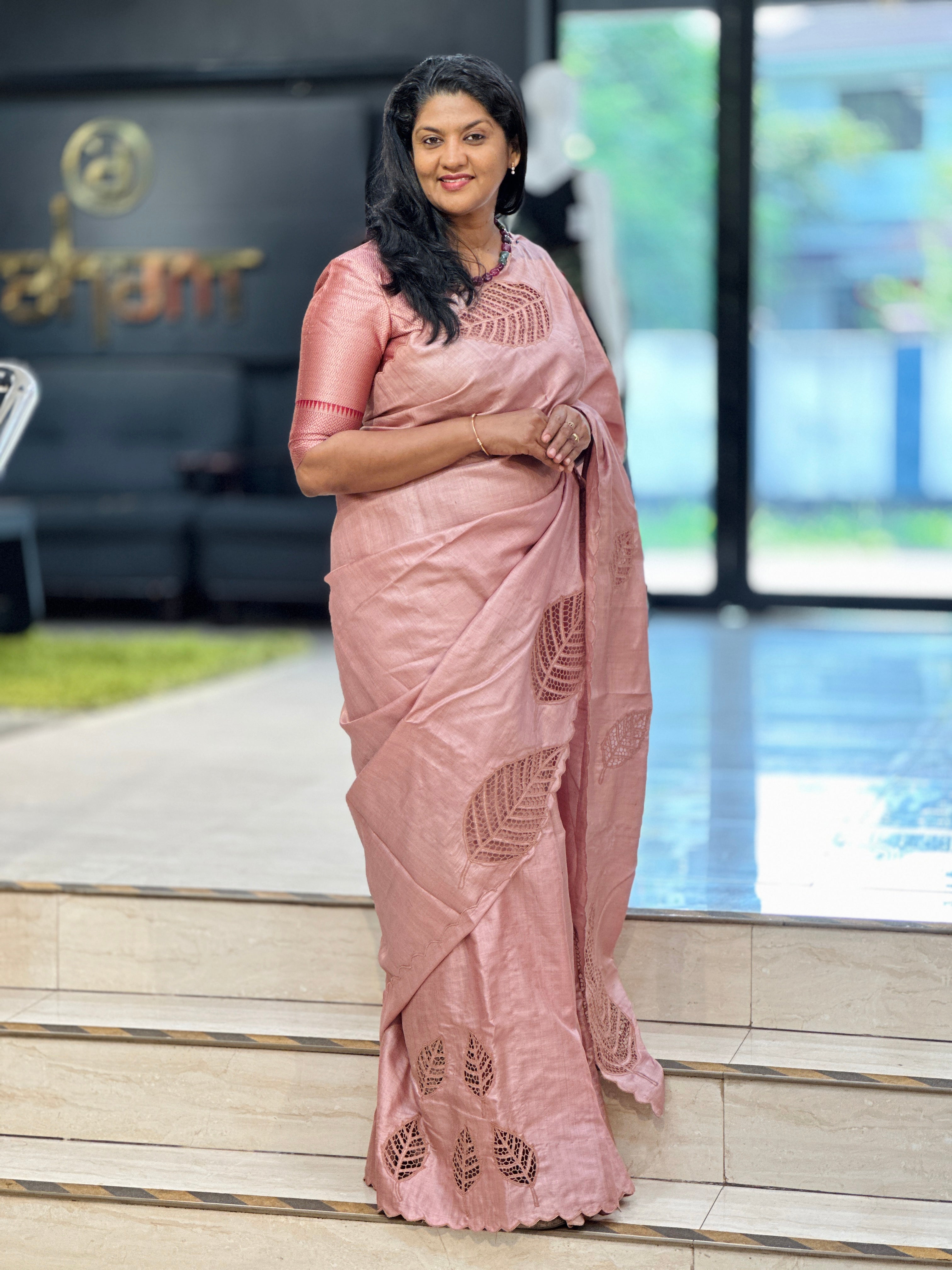 Leaf Patterned Desi Tussar Twine Cut Work Saree | TC492