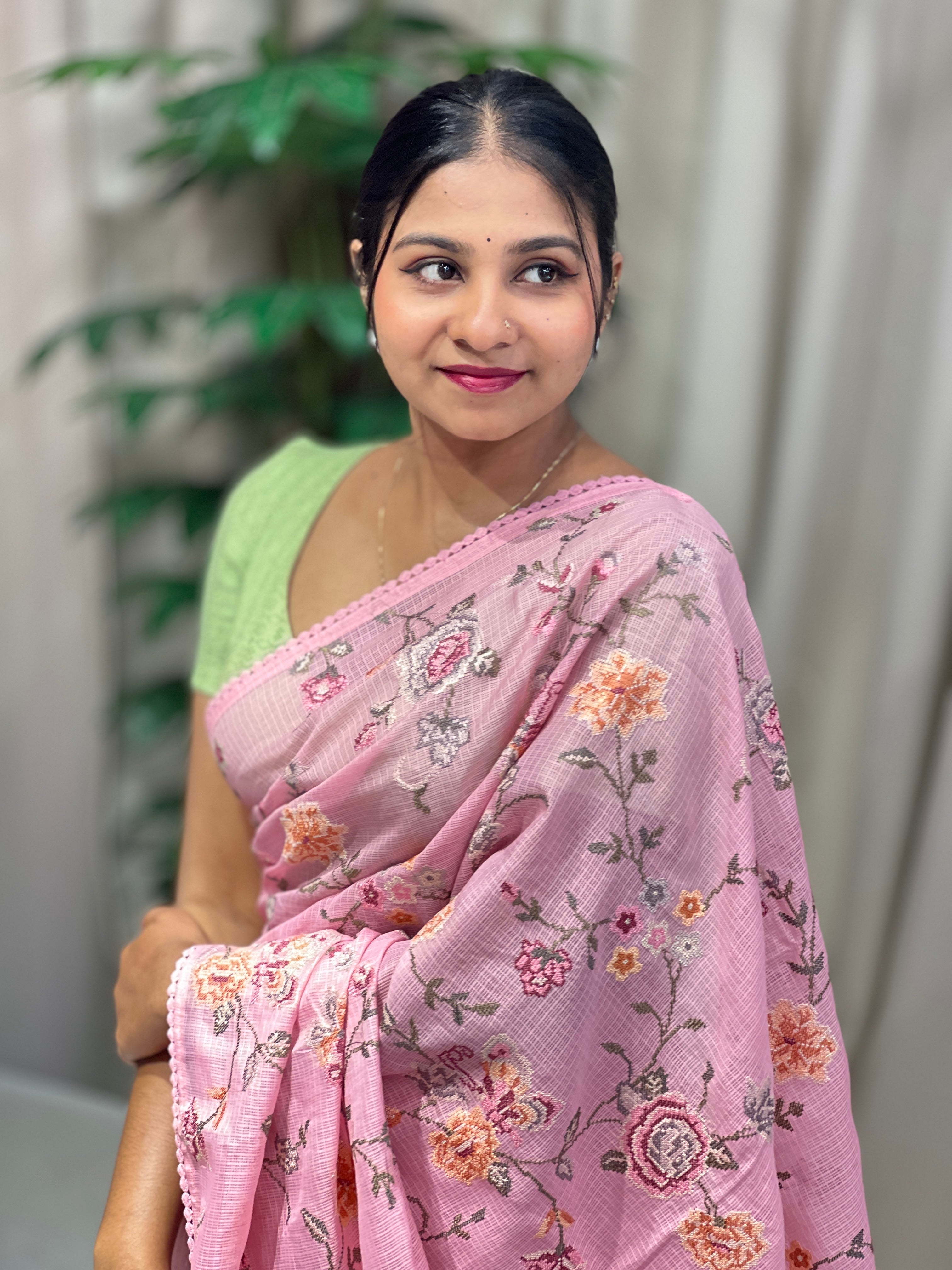 Multicolour Floral Machine Embroidery Detailed Silky Kota Saree | BLD1952