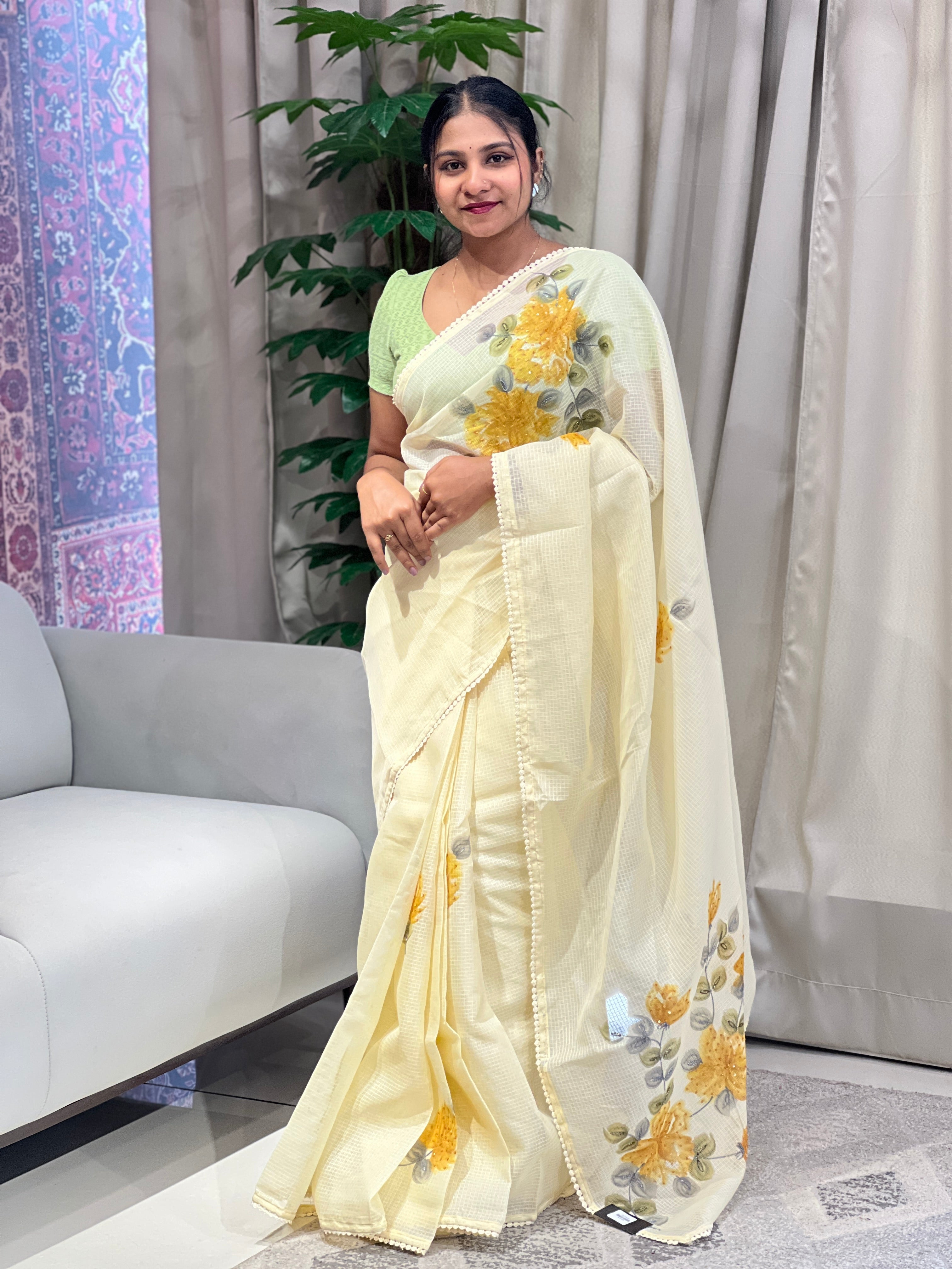 Floral Hand Paint With Sequins Highlighted Silky Kota Saree | BLD1958
