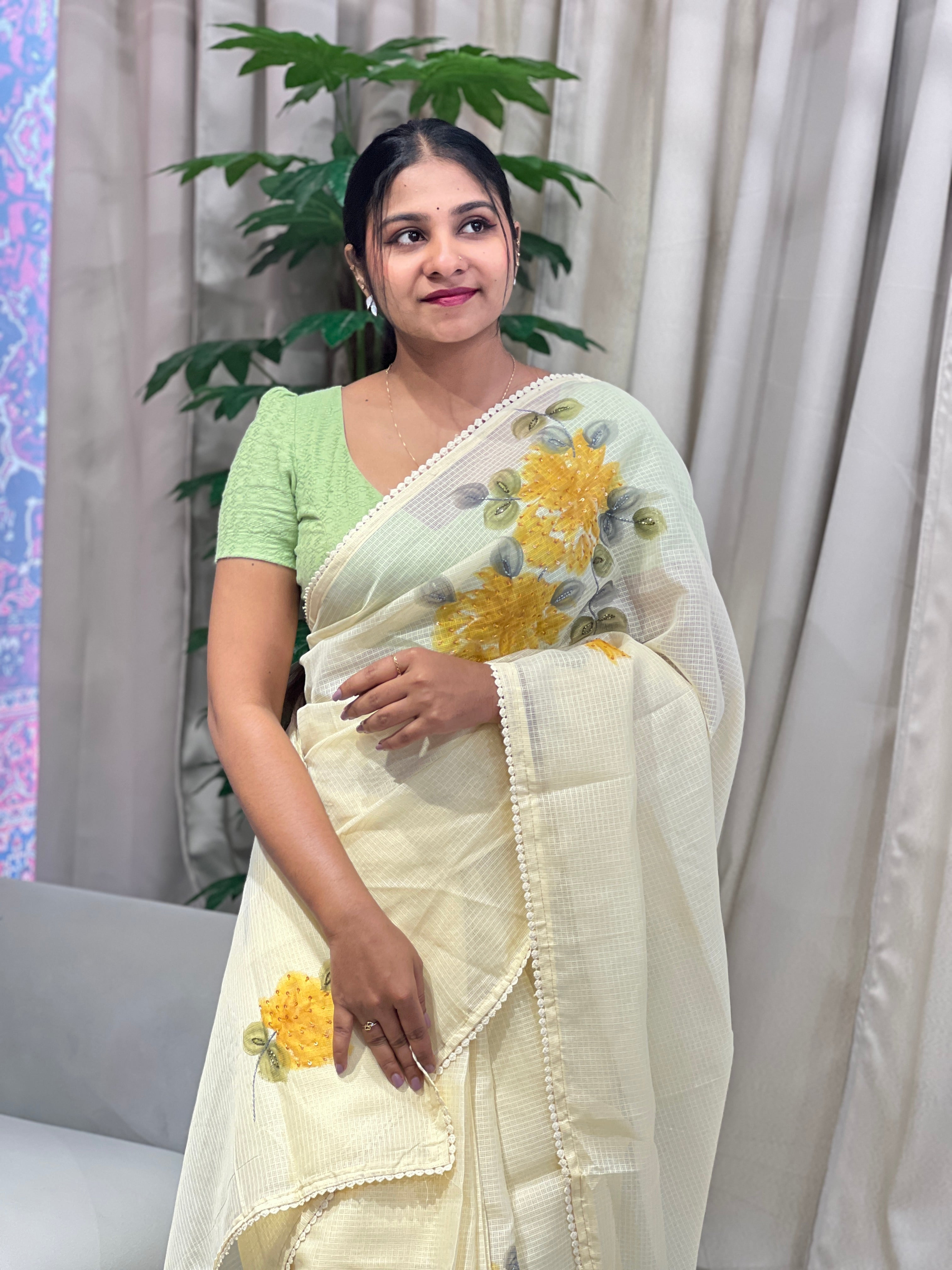 Floral Hand Paint With Sequins Highlighted Silky Kota Saree | BLD1958