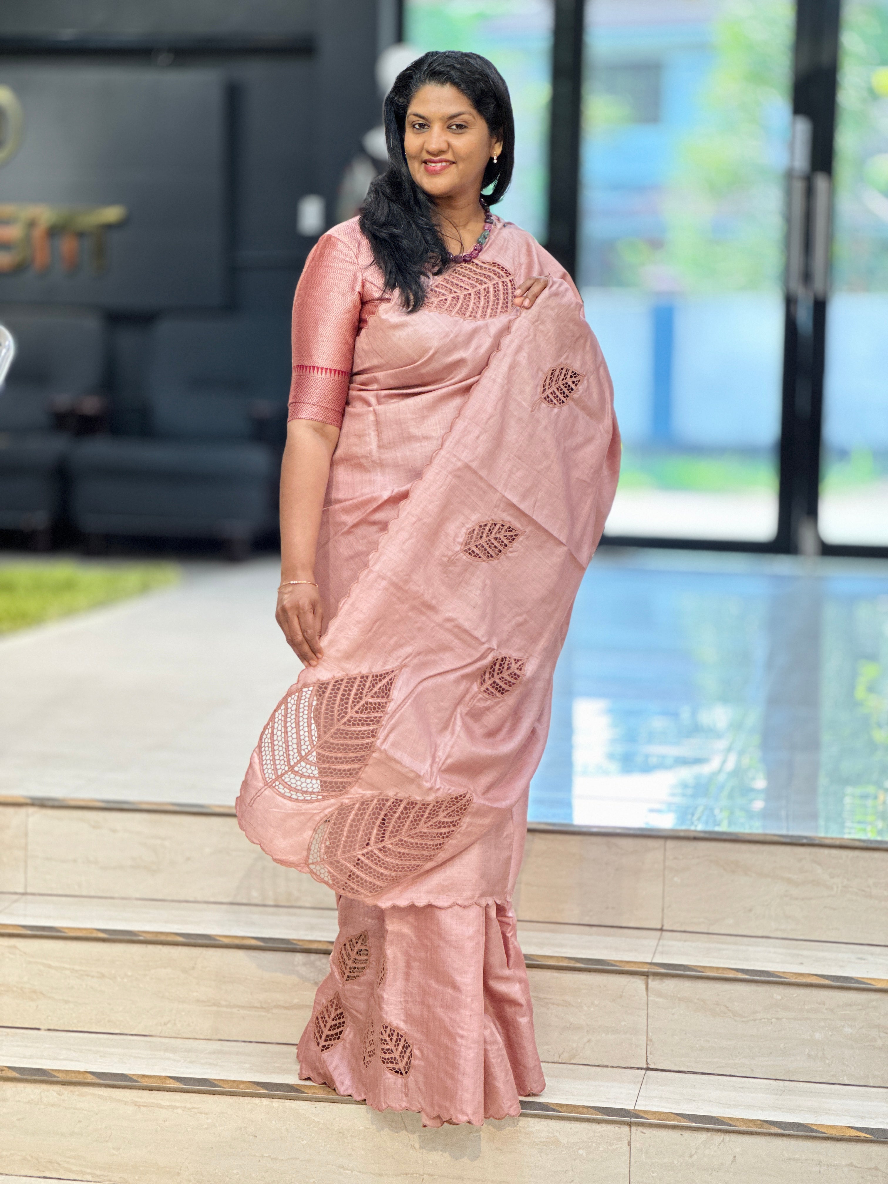 Leaf Patterned Desi Tussar Twine Cut Work Saree | TC492