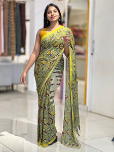 Pen Kalamkari Print Detailed Georgette Saree | SHA103