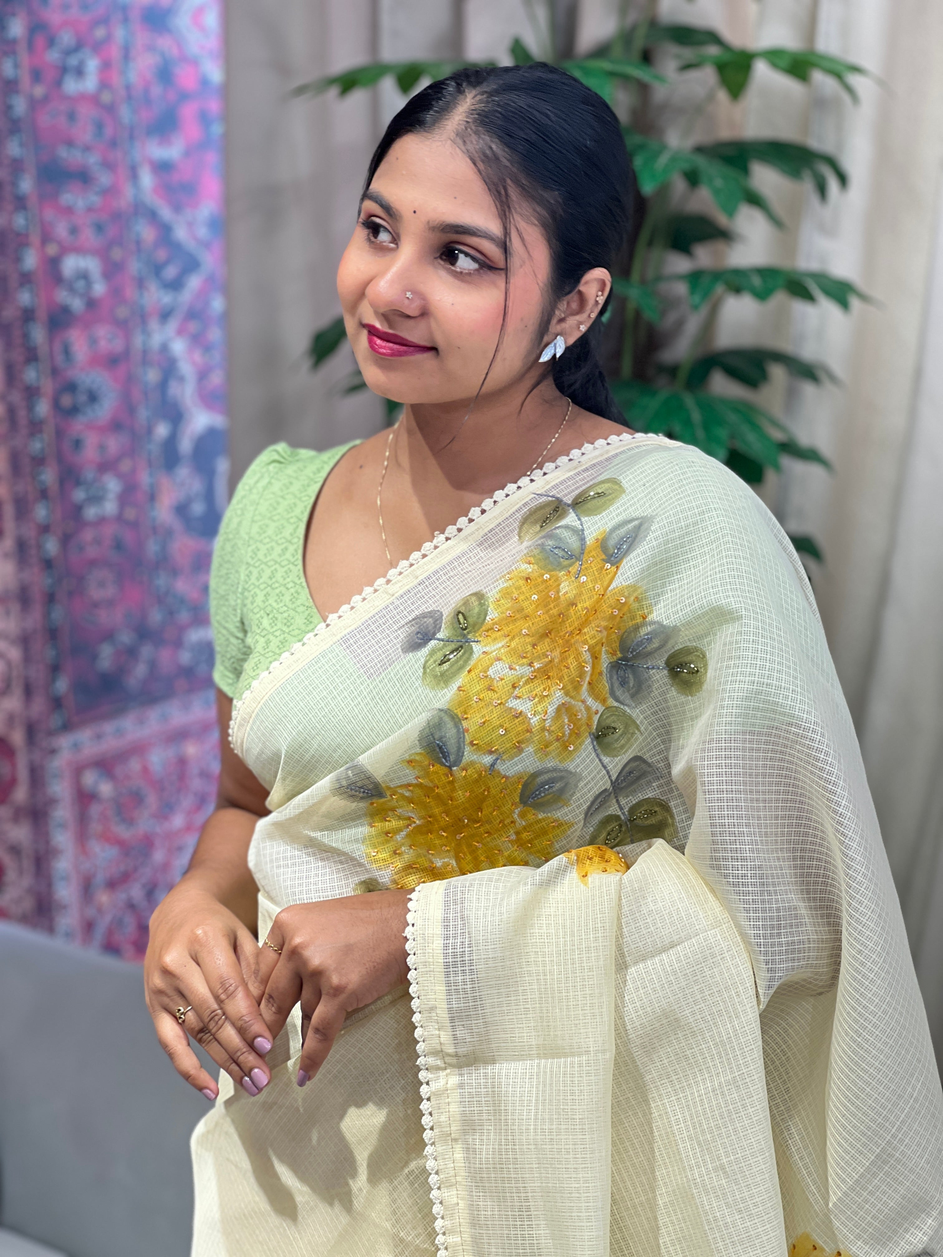 Floral Hand Paint With Sequins Highlighted Silky Kota Saree | BLD1958