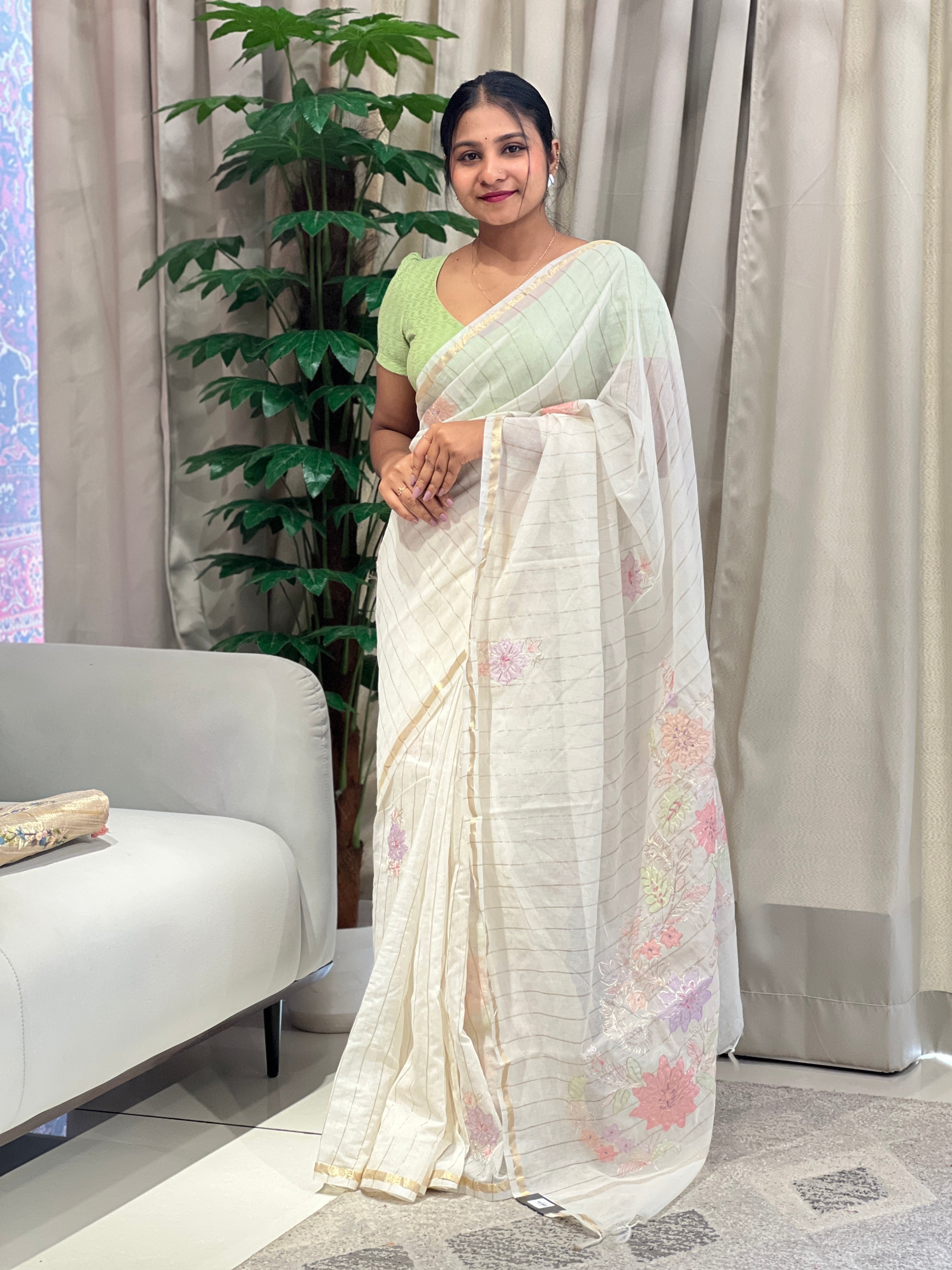 Floral Applique Detailed Pure Chanderi Saree | BLD1962