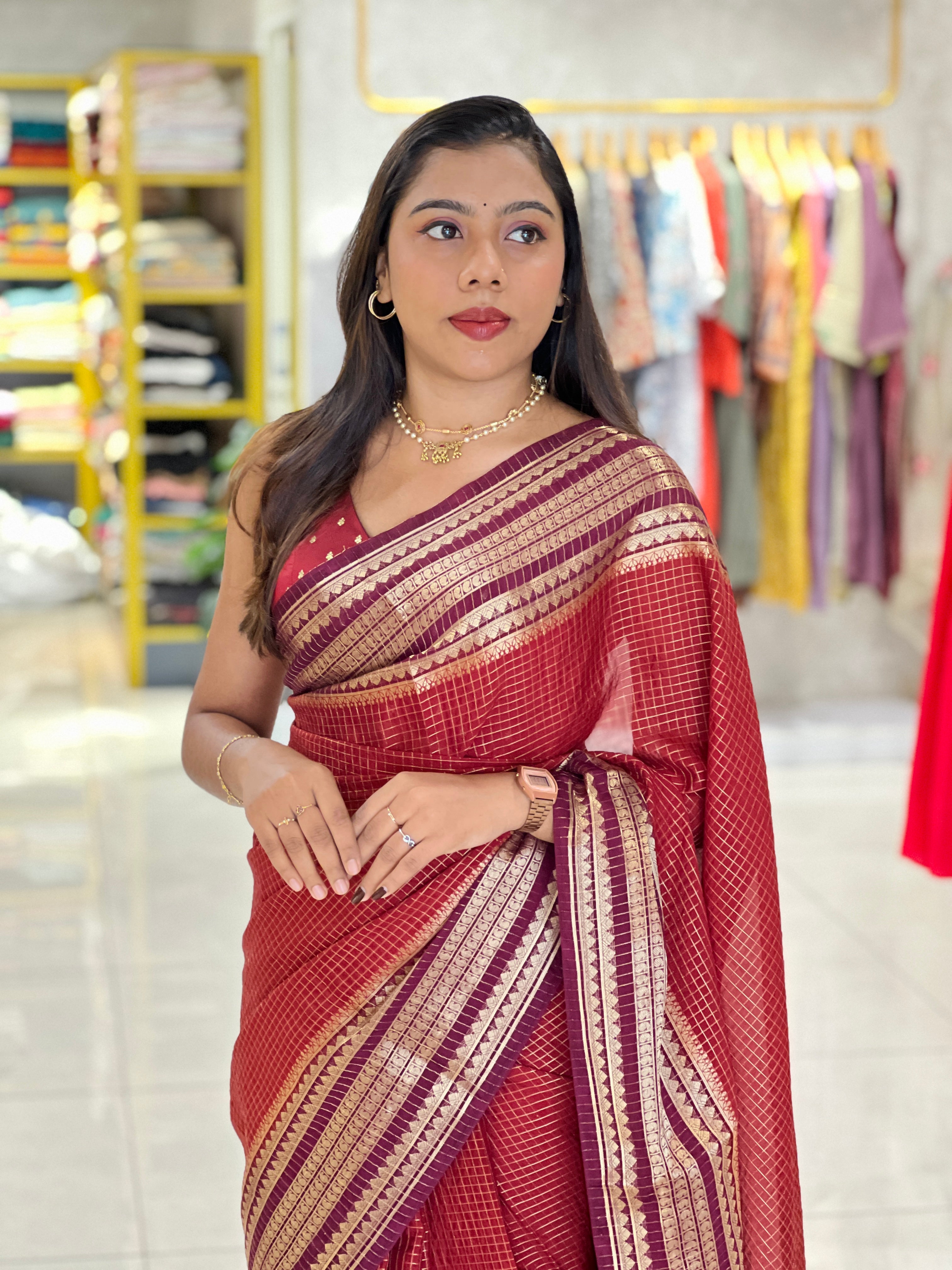 Traditional Check Patterned Semi Crepe Saree | NN481