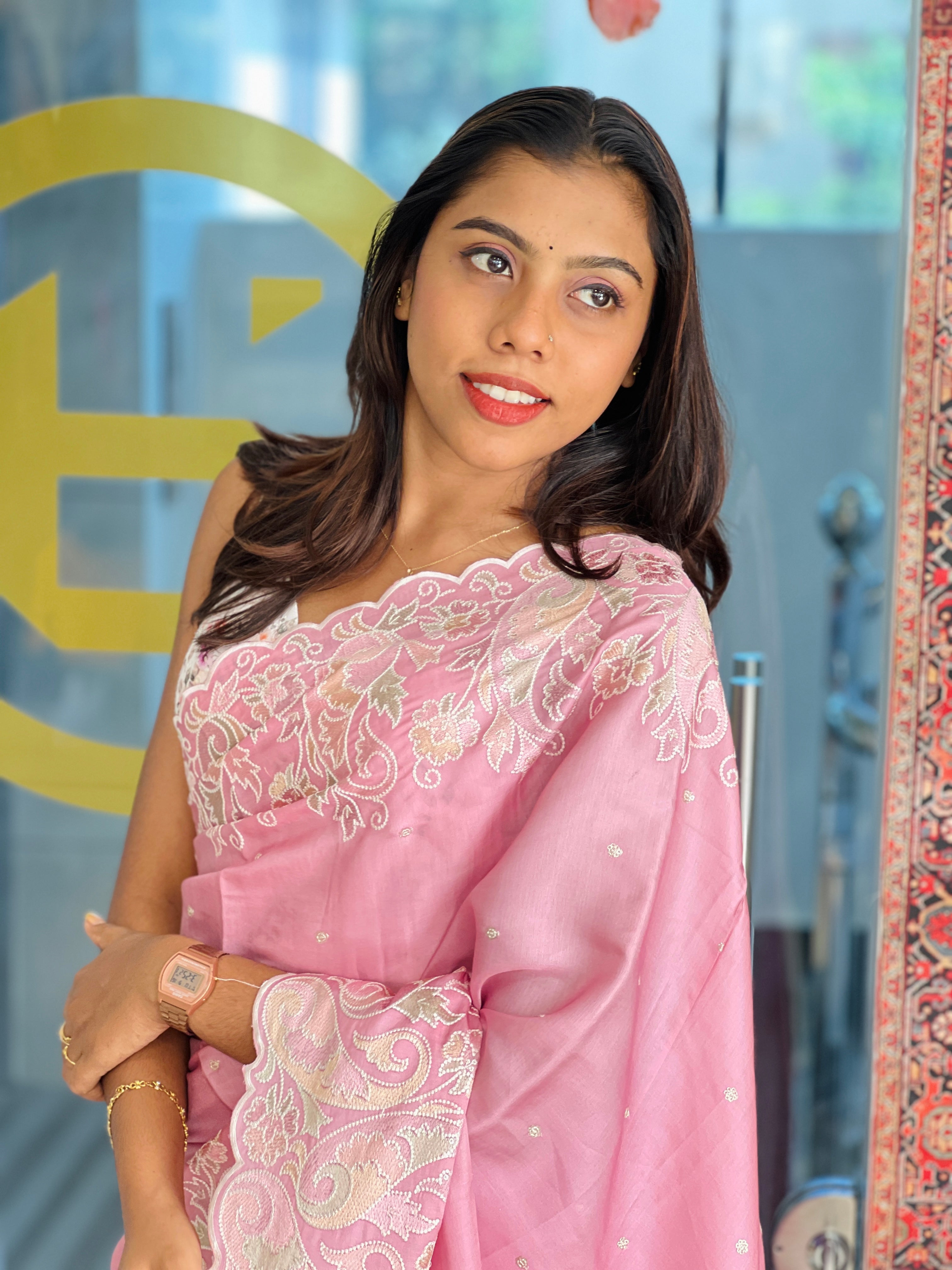 Floral And Paisley Embroidery Detailed Semi Tussar Saree | SUN550