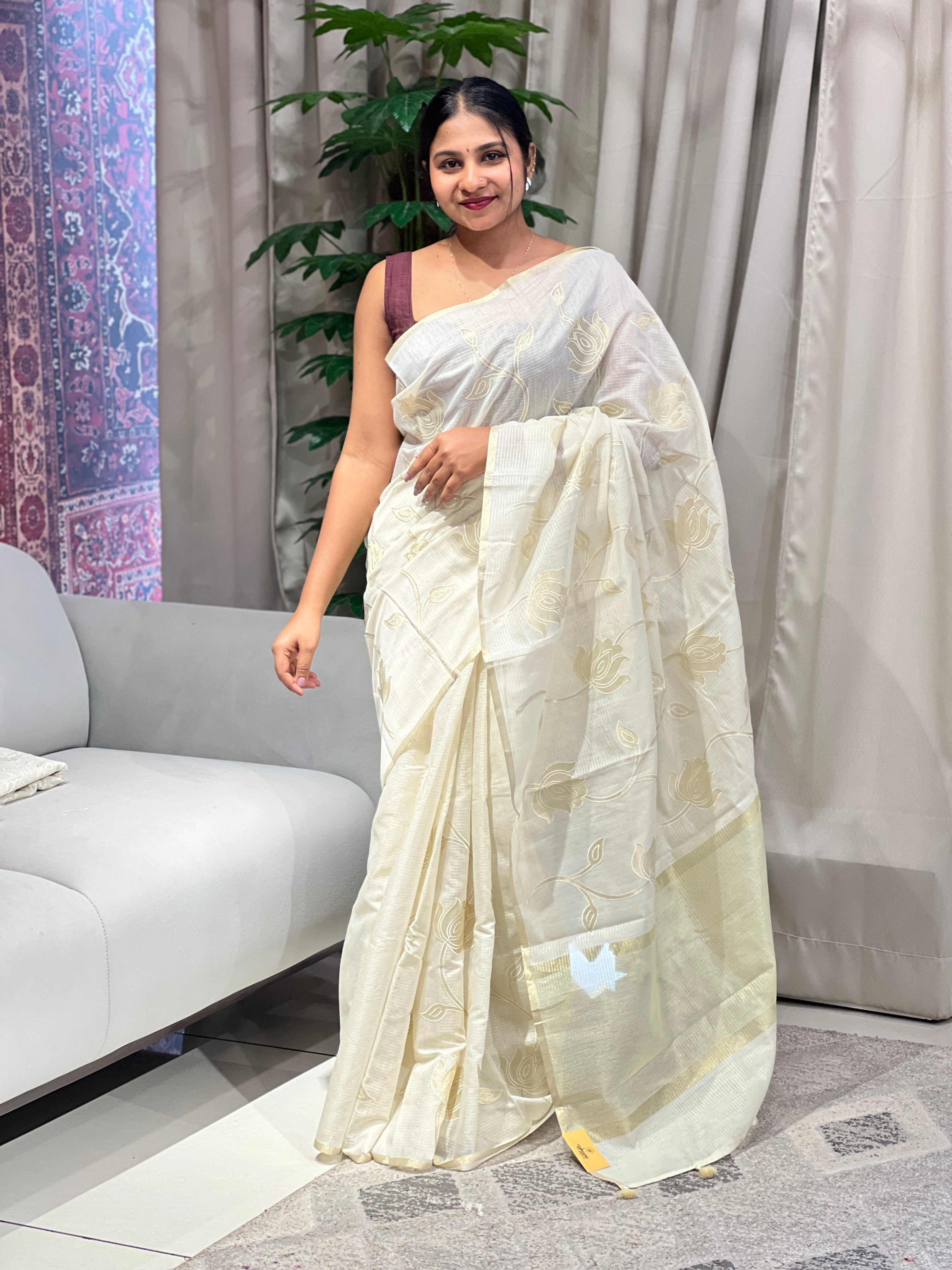 Floral Applique Detailed Chanderi Saree | MR419