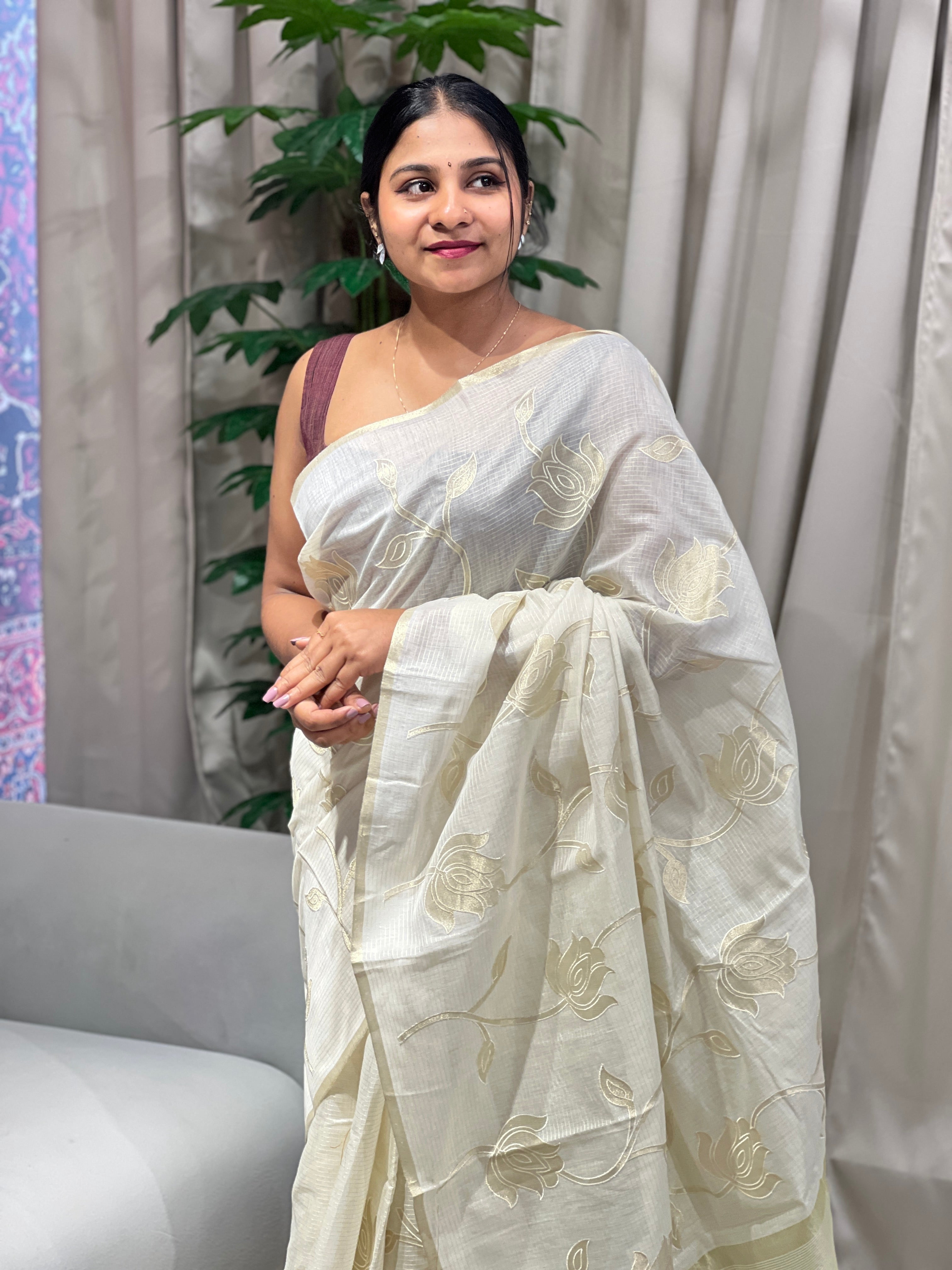 Floral Applique Detailed Chanderi Saree | MR419