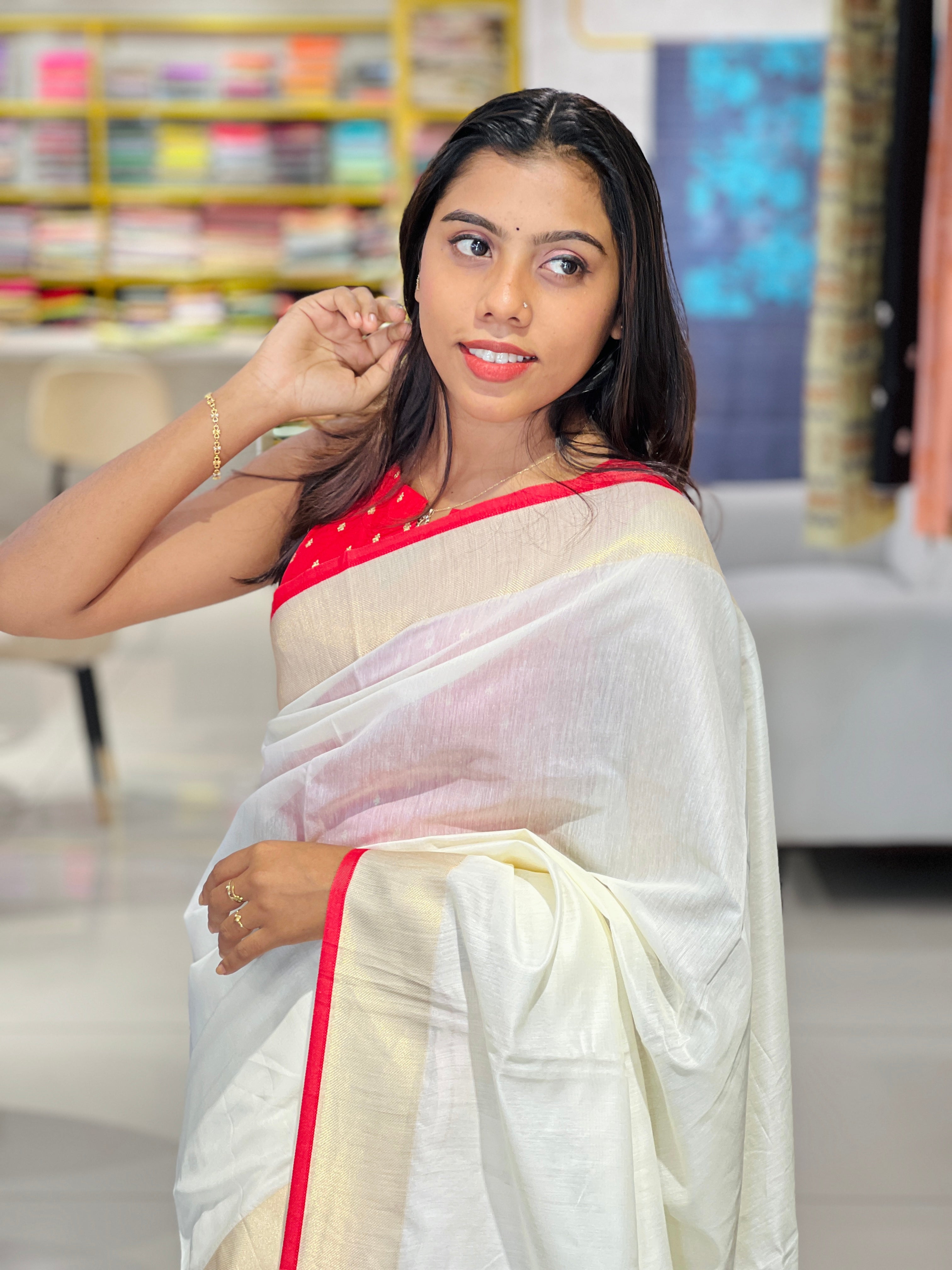 Kasavu With Red Kara Border Detailed Kerala Cotton Saree | HT255