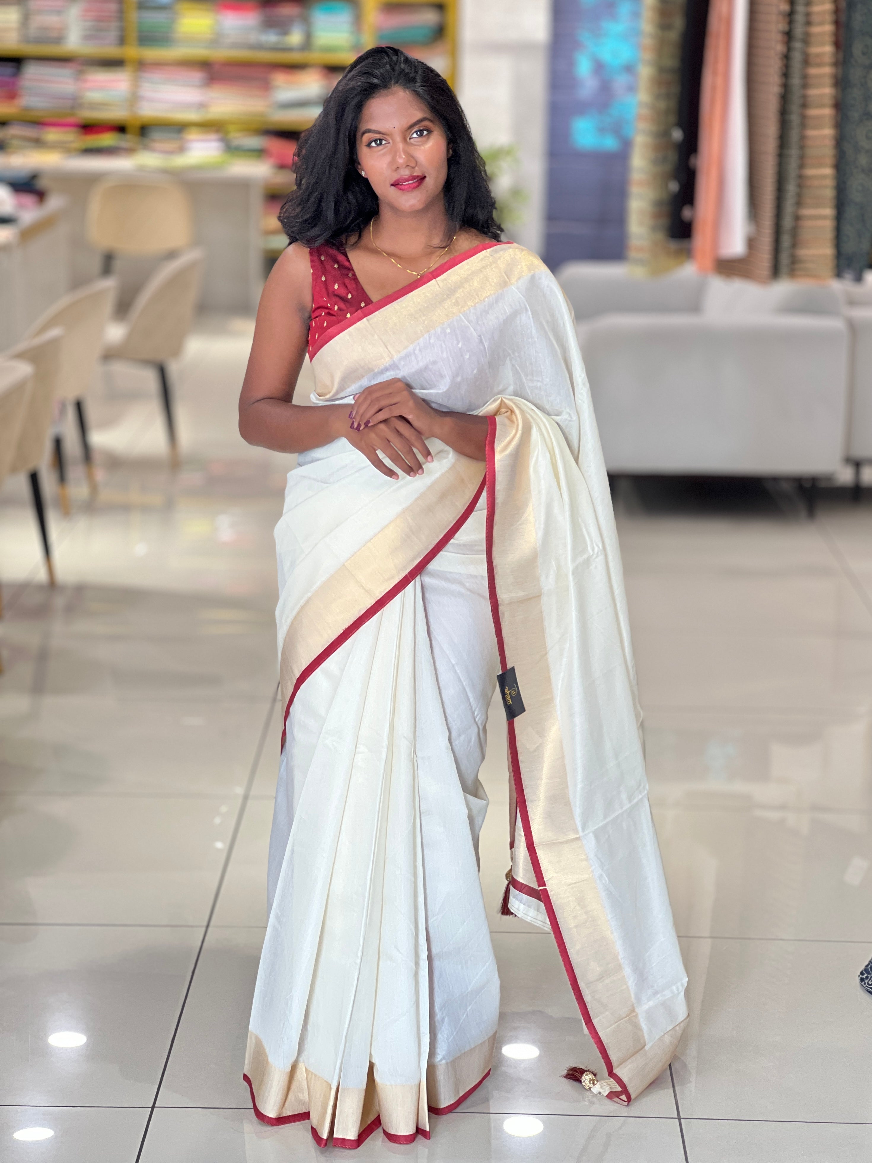 Kasavu With Maroon Kara Border Detailed Kerala Cotton Saree | HT256